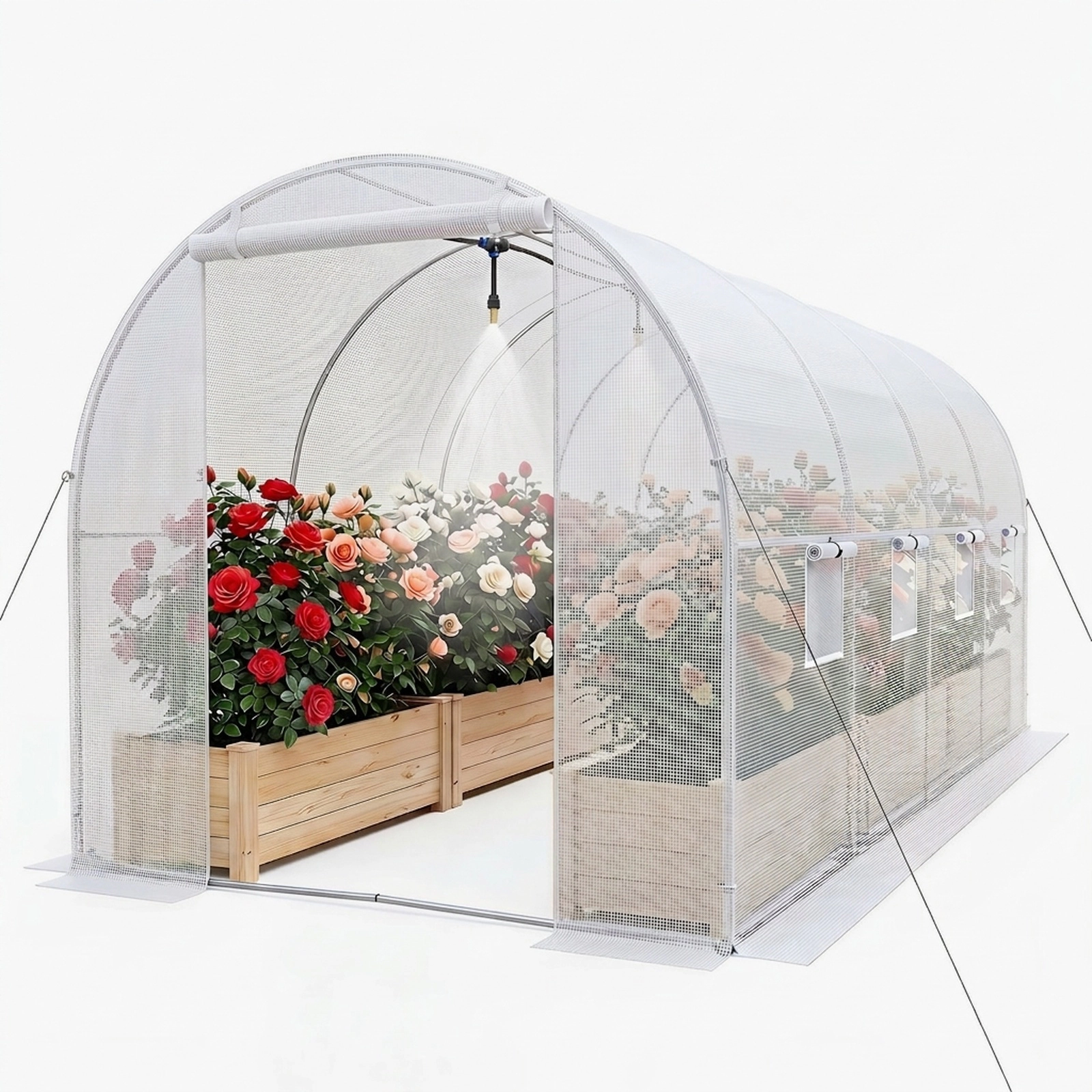 SUGIFT 15-ft x 7-ft Walk-in Tunnel Greenhouse with Watering System 49-ft Hose and Galvanized Steel Frame