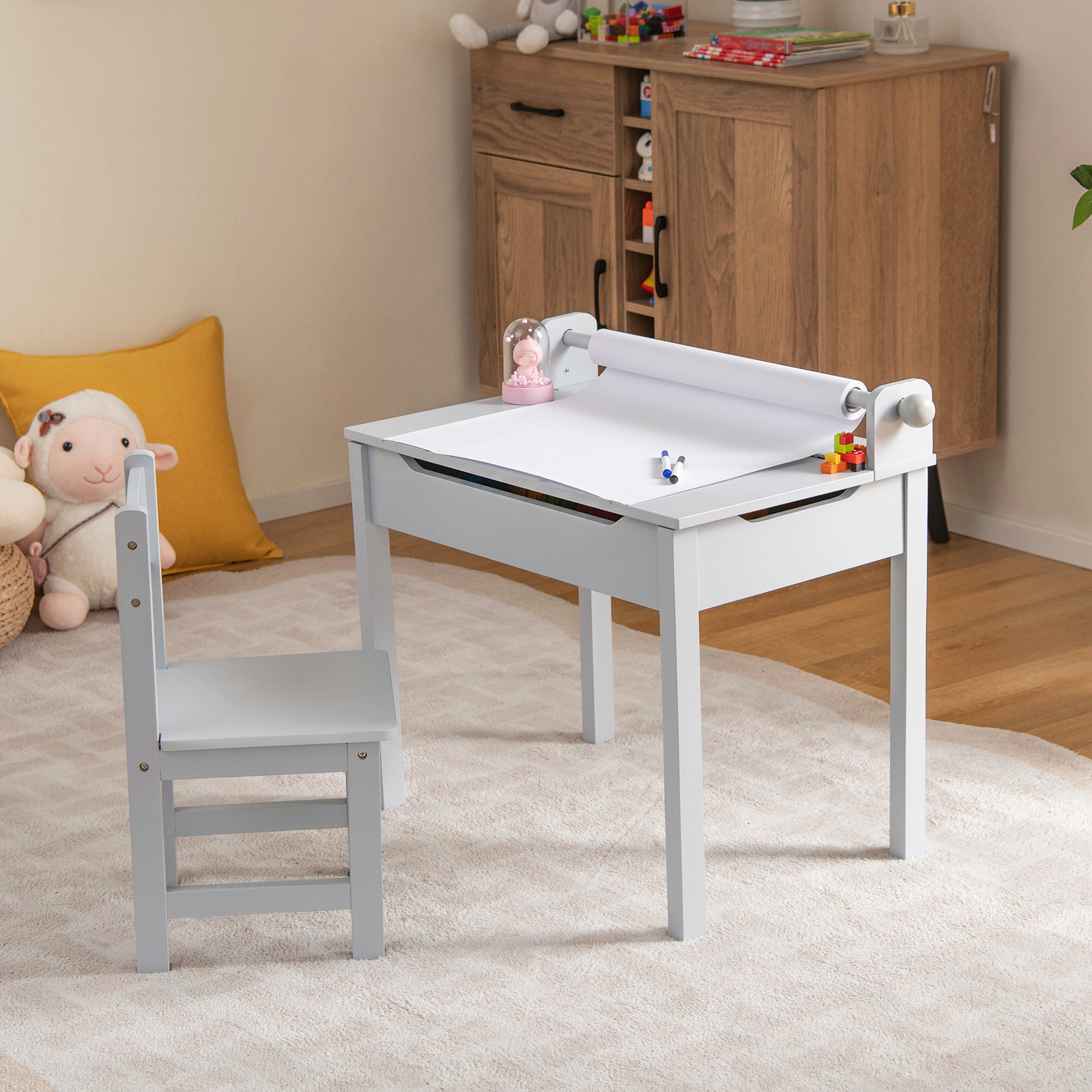 SUGIFT Gray Paper Roll Holder and Flip-Top Storage Wooden Kids Table and Chair Set