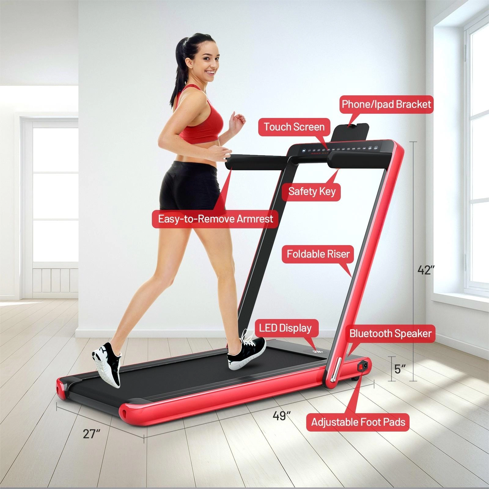 SUGIFT Red 2-in-1 Folding Treadmill with Dual Display and Bluetooth Speaker 49-in W 27-in D 265-lb User Capacity