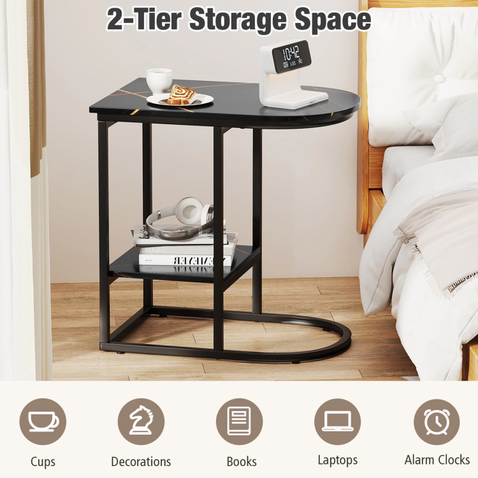 SUGIFT C-Shaped Modern Sofa Side Table Faux Marble Tabletop & Storage Shelf 66-lb Tabletop Capacity 22-lb Shelf Capacity