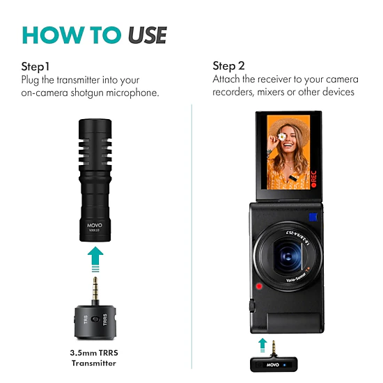 Movo WM-VXR10 Wireless Shotgun Mic Adapter for Camera/DSLR/3.5mm/TRS - Compatible VXR10, VXR10-PRO, and Rode VideoMicro