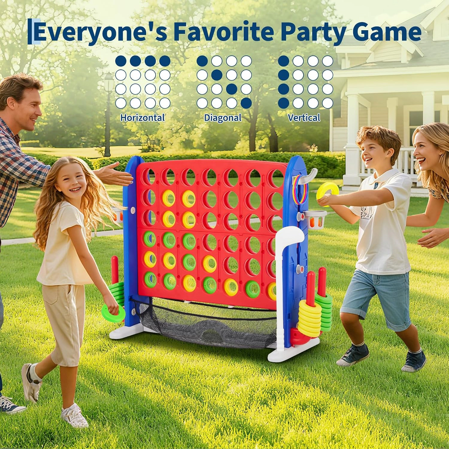 Giant 4-in-1 Floor Game Set, 3-Level Adjustable Height with Basketball, Golf, Ring Toss & 4-in-a-Row