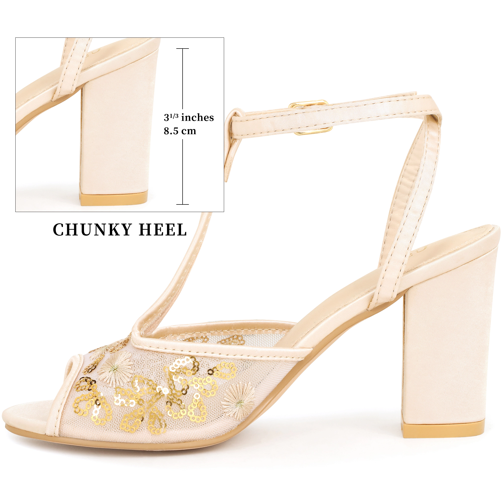 BLISSFUL STEP Women's Mesh Embroidered Chunky Heel T-strap Peep Toe Sandals
