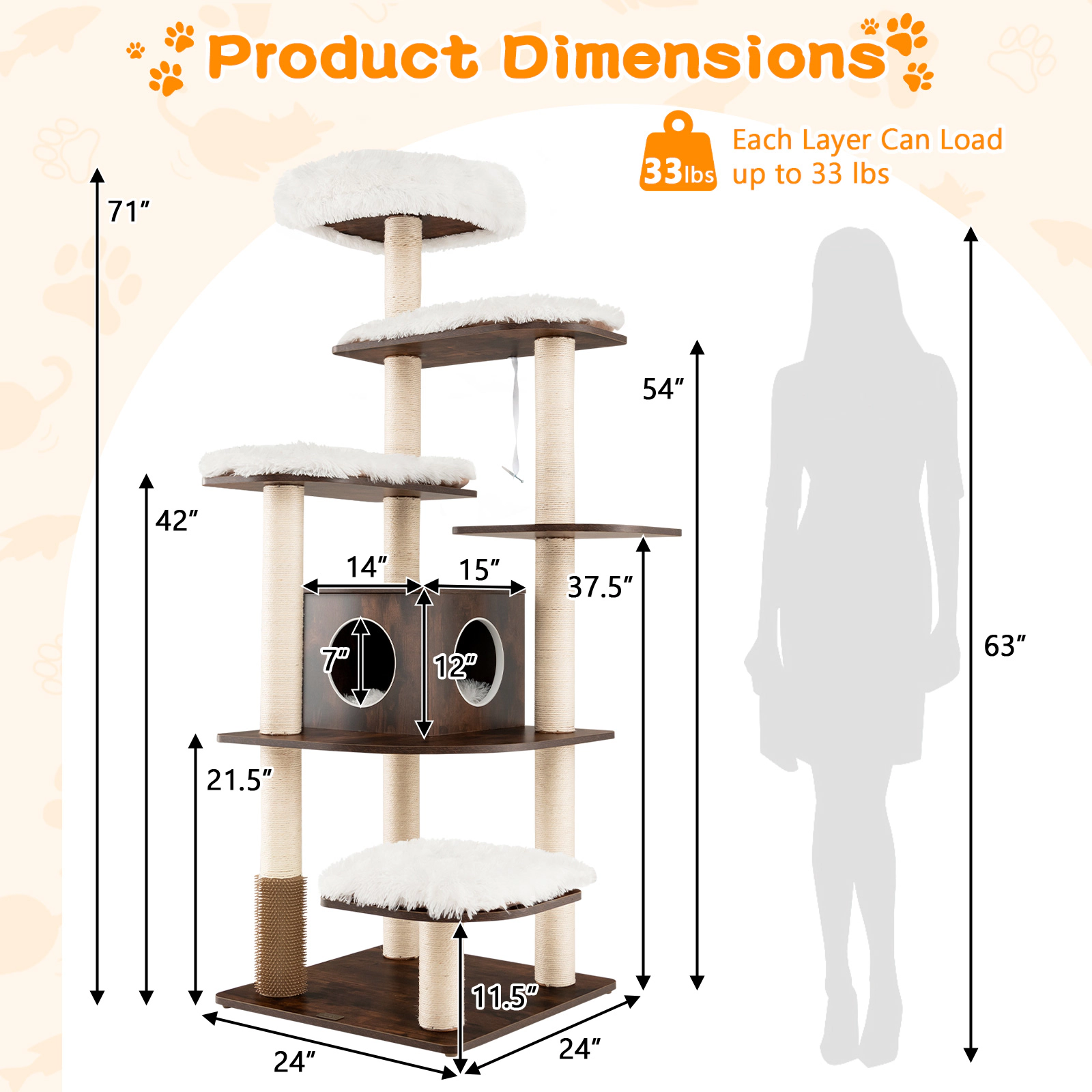 SUGIFT 71-in 7-Layer Wooden Cat Tree Tower with Self-Groomer Massage Comb Condo and Sisal Posts