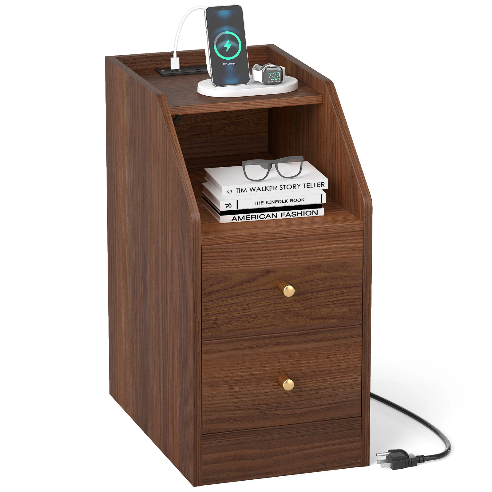 LJG Side End Table with Charging Station Sofa Couch Table with Shelf Drawers