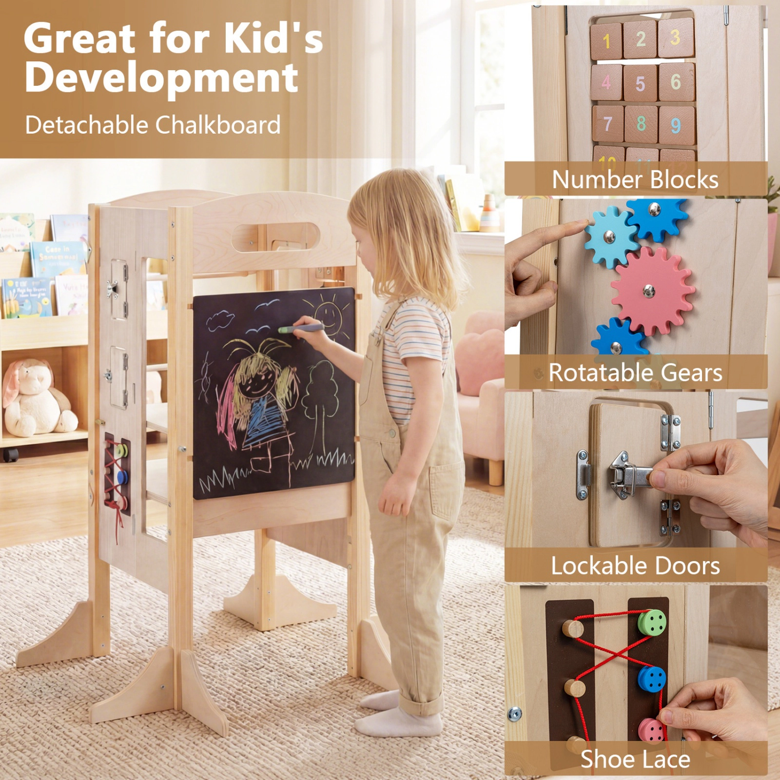 SUGIFT 3-in-1 Foldable Wooden Toddler Standing Tower with 2-Step Stool 110-lb Capacity Ages 3+ Natural