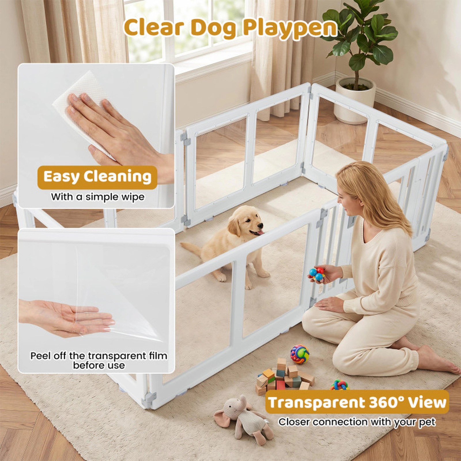 SUGIFT Clear 6-Panel Plastic Dog Playpen with Secure Locking Door Transparent Panels and 6 Ground Stakes