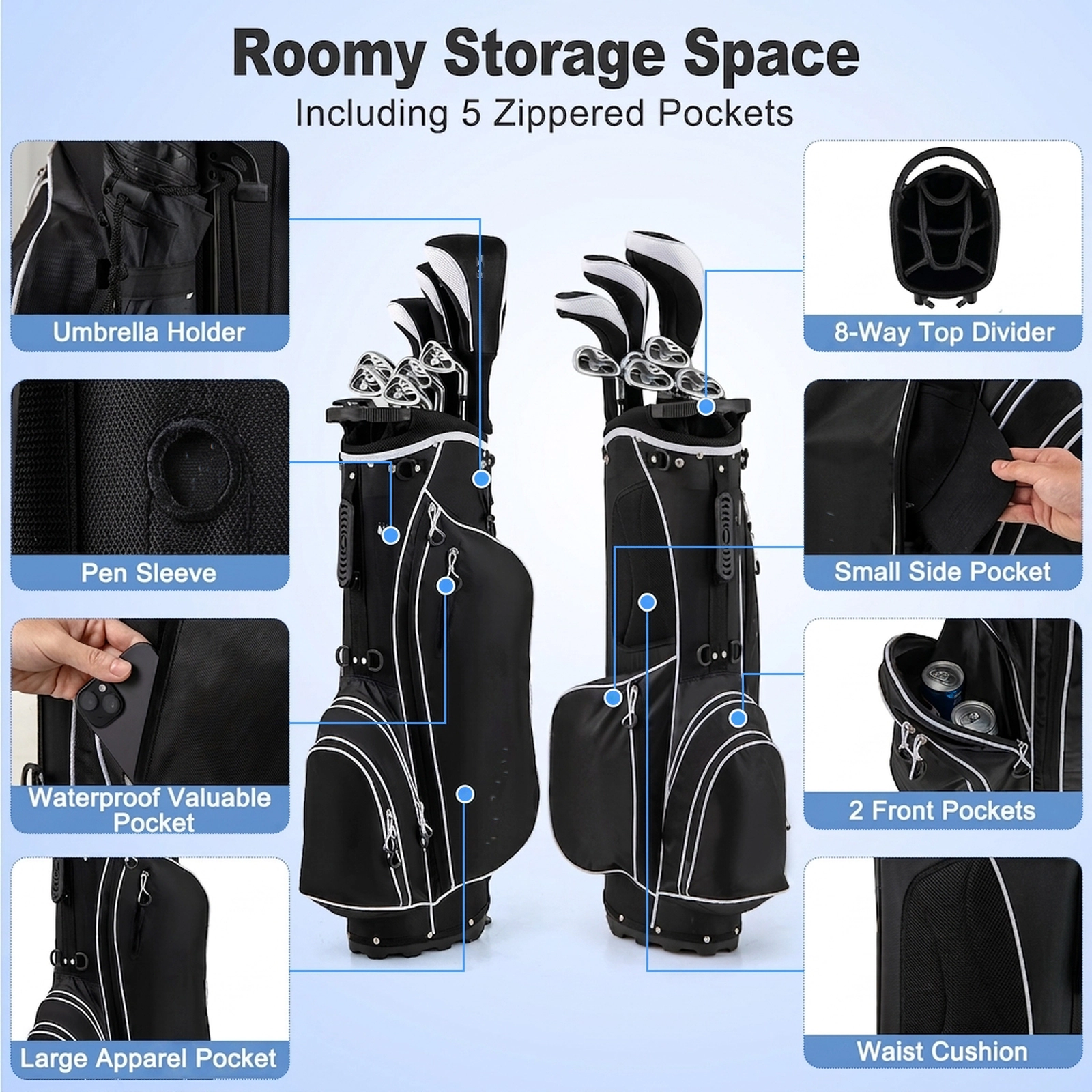 10-pc Complete Golf Club Set for Men 460cc Driver 3 Fairway Wood 4 Hybrid 5 Irons Putter and Stand Bag Black