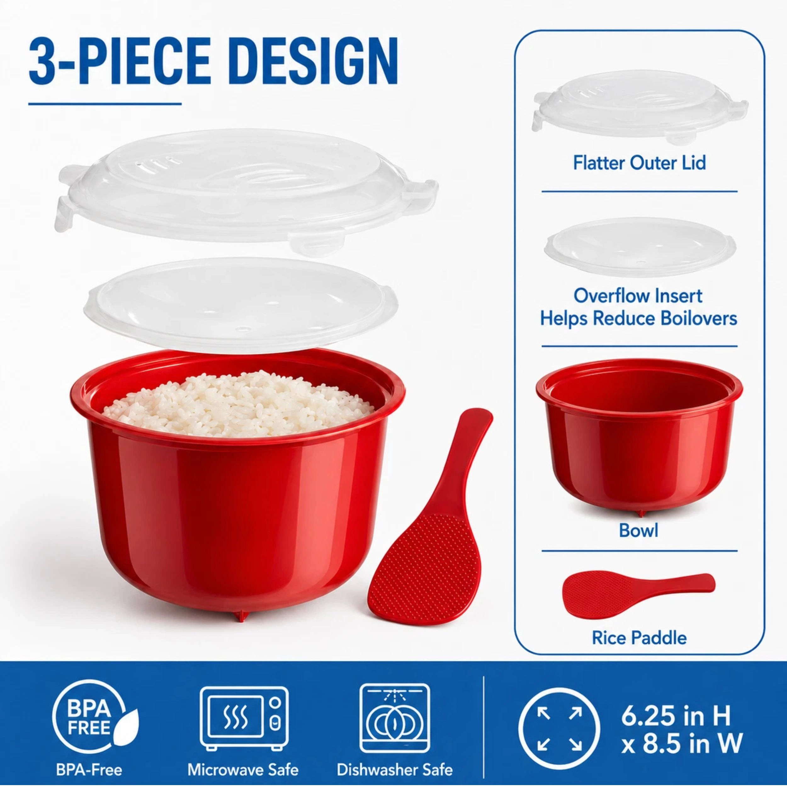 Home Collection 2.6L Microwave Rice Cooker Steamer with Lid & Spoon BPA-Free Rice Maker
