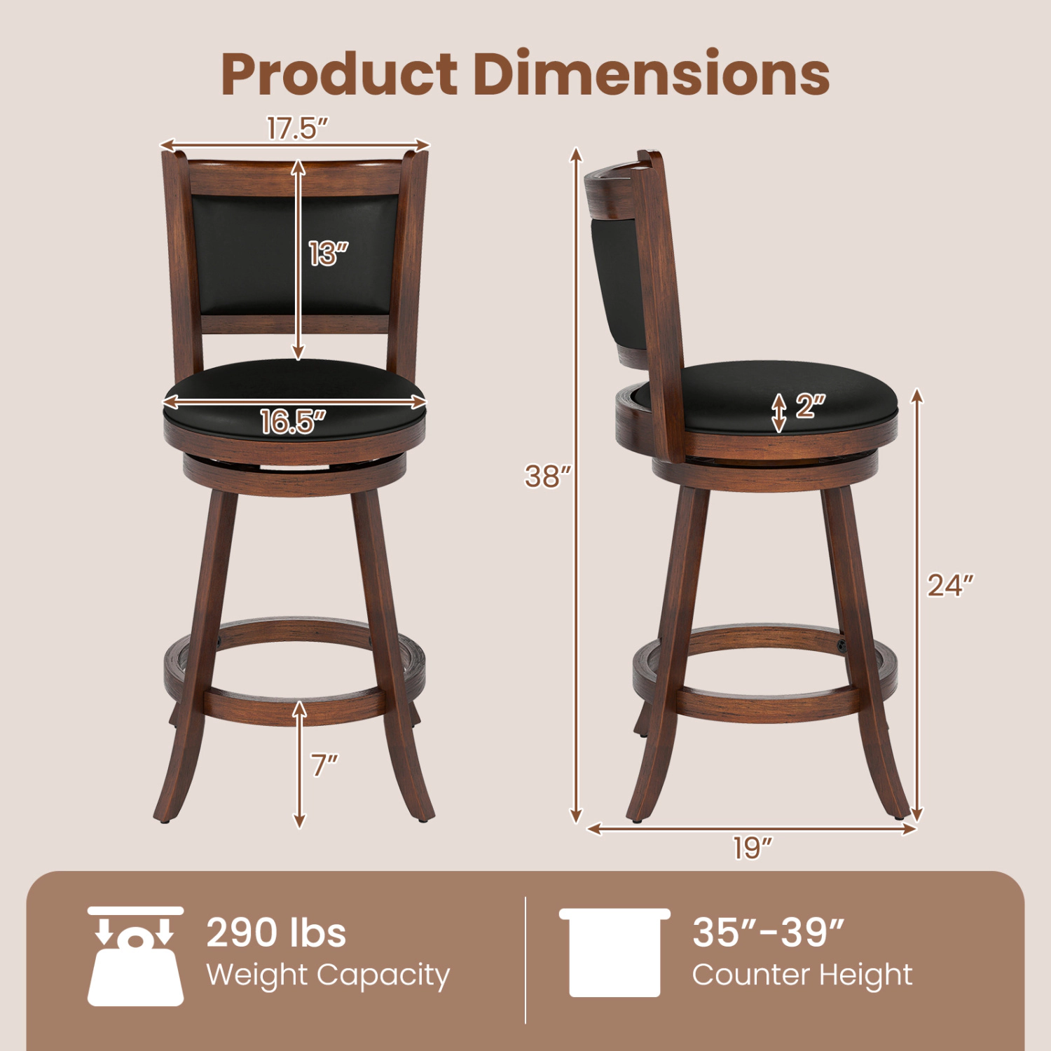 Glintex 2-Piece 24-Inch Swivel Counter Stool Set with Panel Back