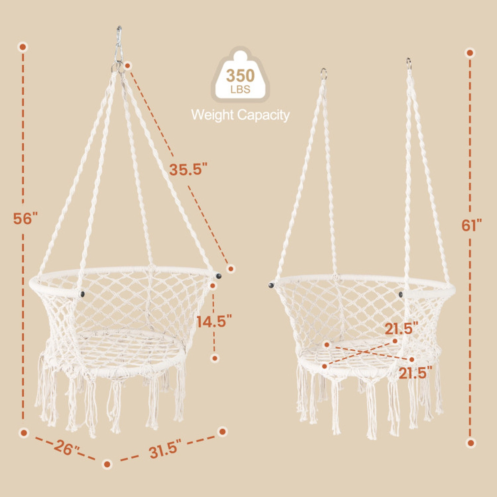 SUGIFT 350-lb Capacity Macrame Hanging Hammock Swing Chair with Cotton Rope and Elegant Fringe Trim