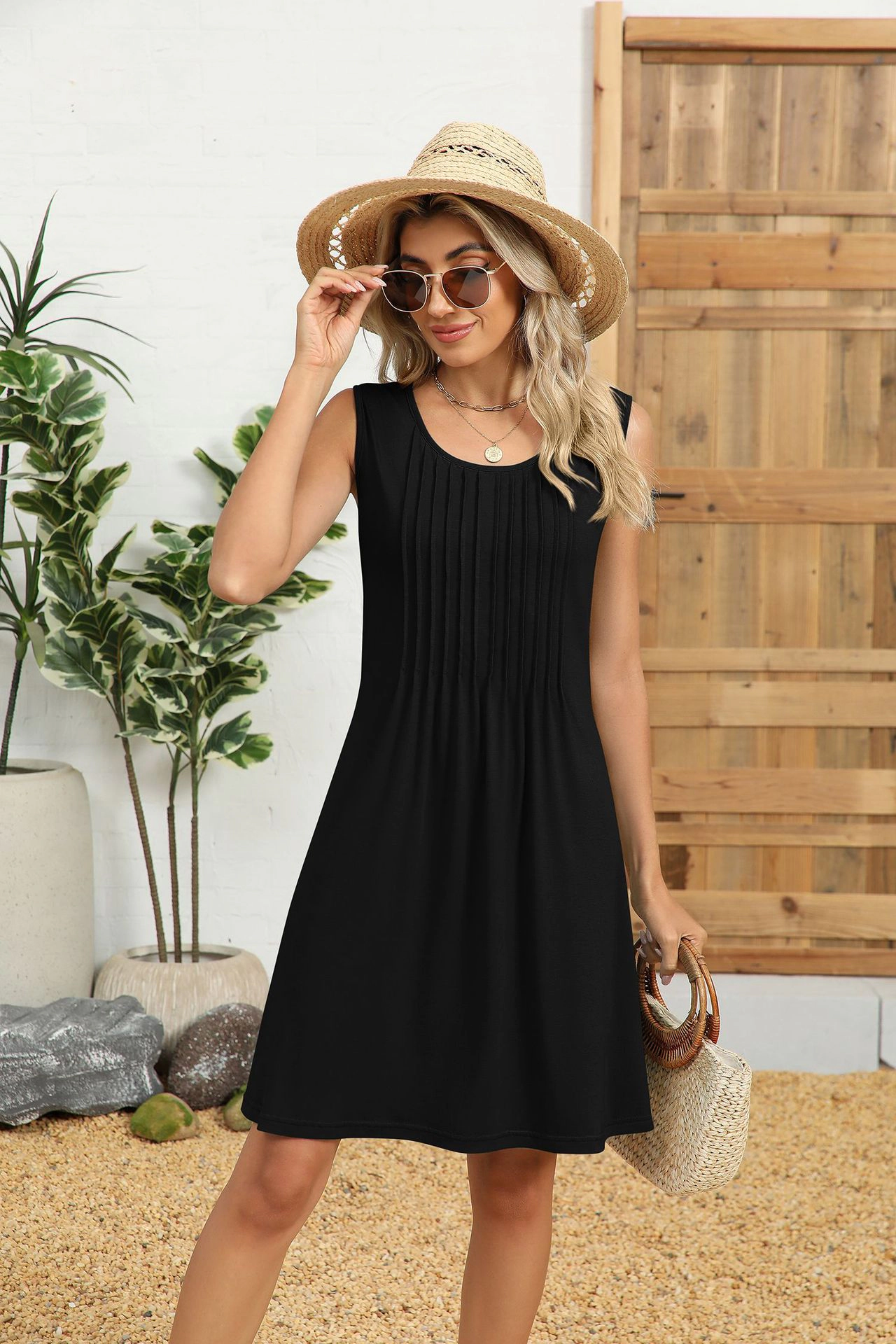 Enchanted Funland Womens Round Neck Sleeveless Casual Midi Dress with Pockets