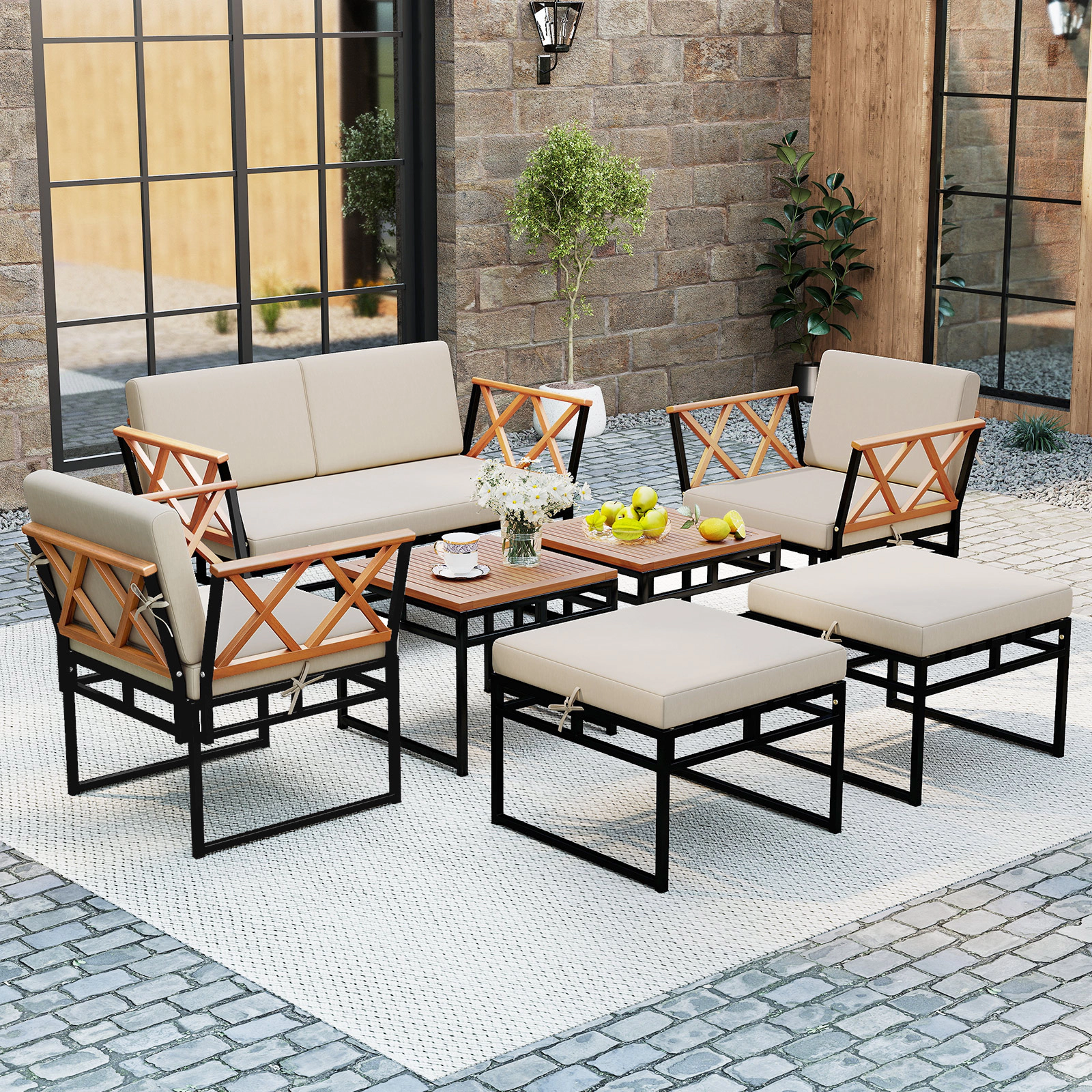 LJG 7 Piece Outdoor Conversation Set with Cushions and Bungee Rope Seat