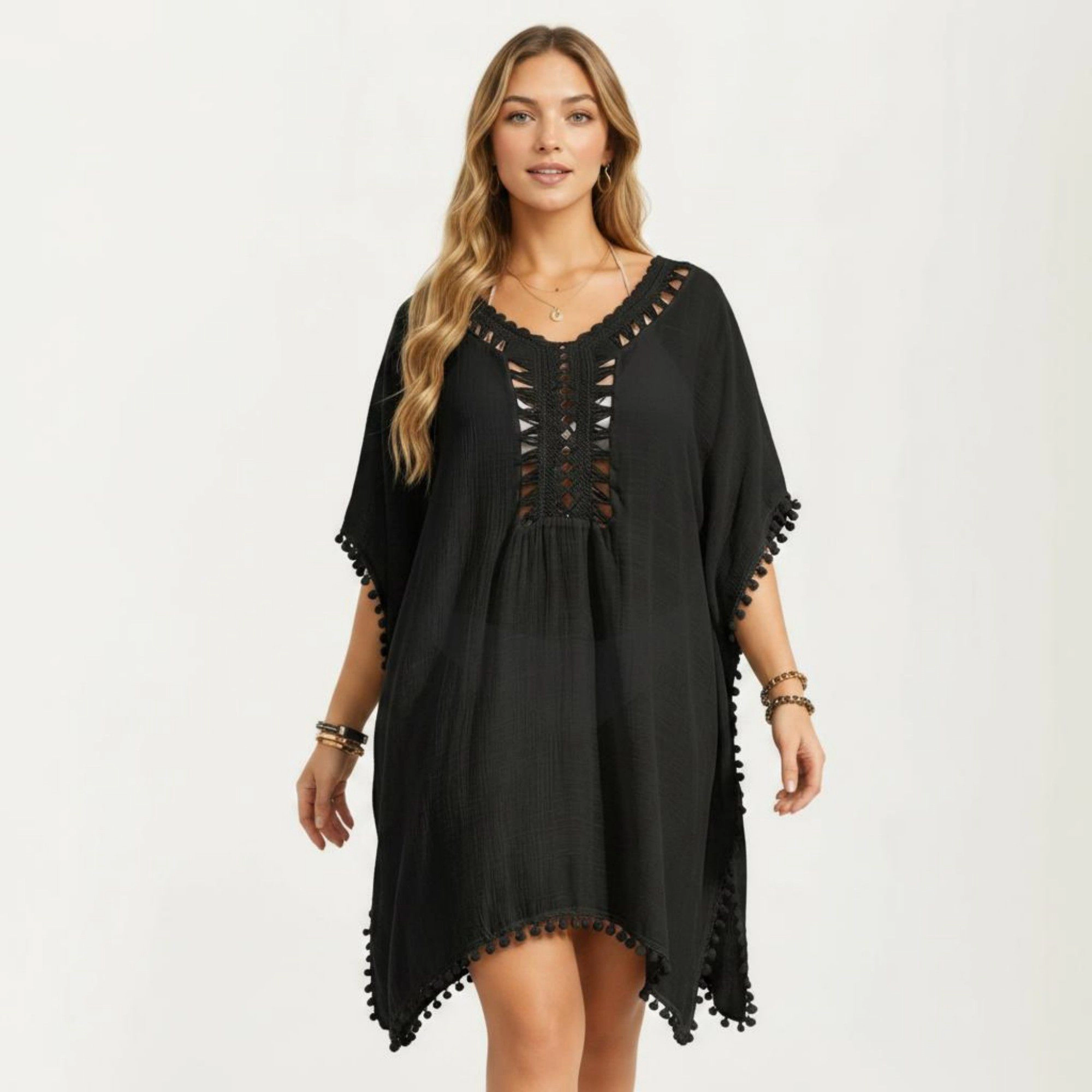 Anna-Kaci Women's Crochet Cutout Neckline Pom Trim Hem Loose Short Sleeve Relaxed Fit Swim Cover Up Dress