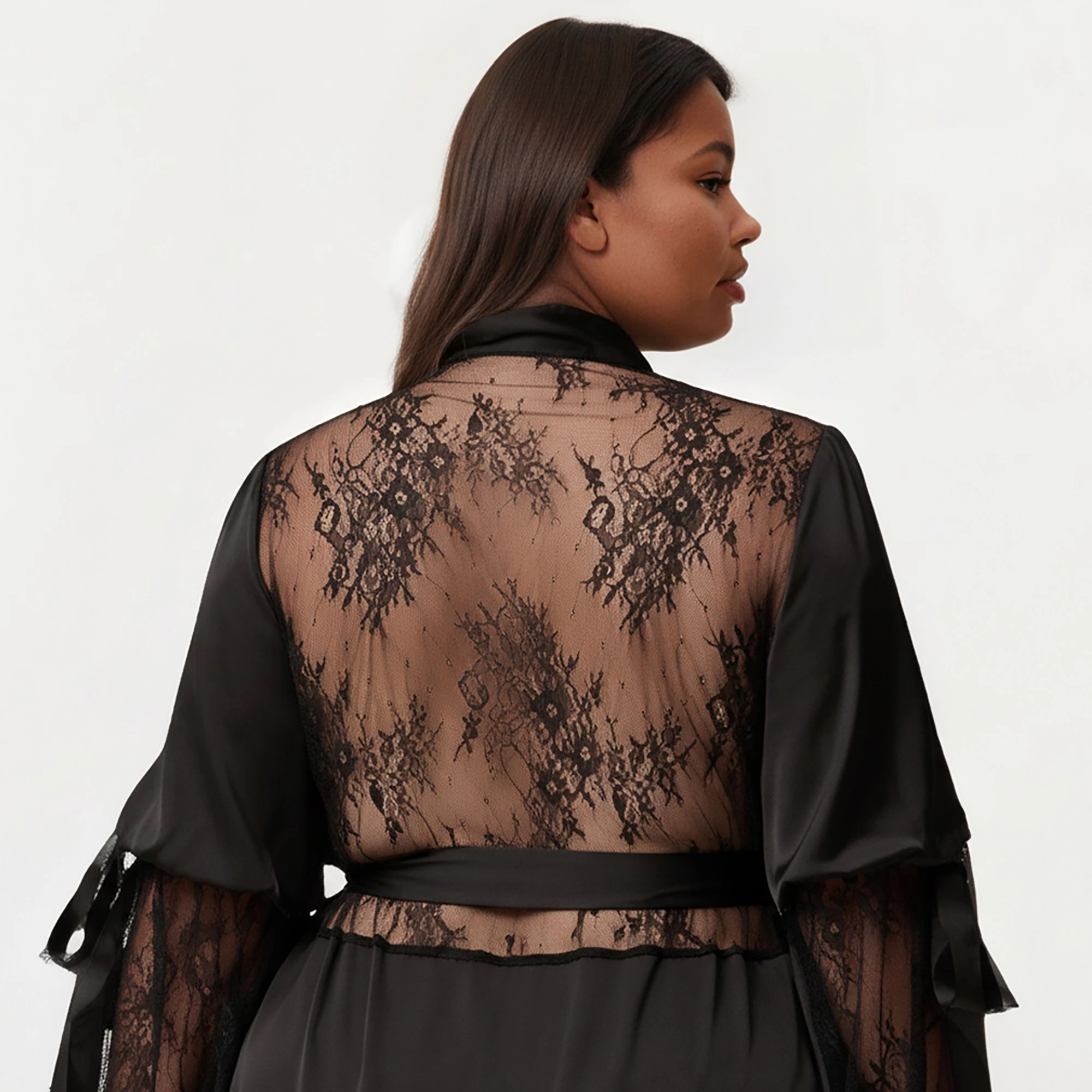 Anna-Kaci Women's Plus Long Satin Robe Sheer Lace Sleeve Panels and Adjustable Tie Waist for a Flowing Silhouette