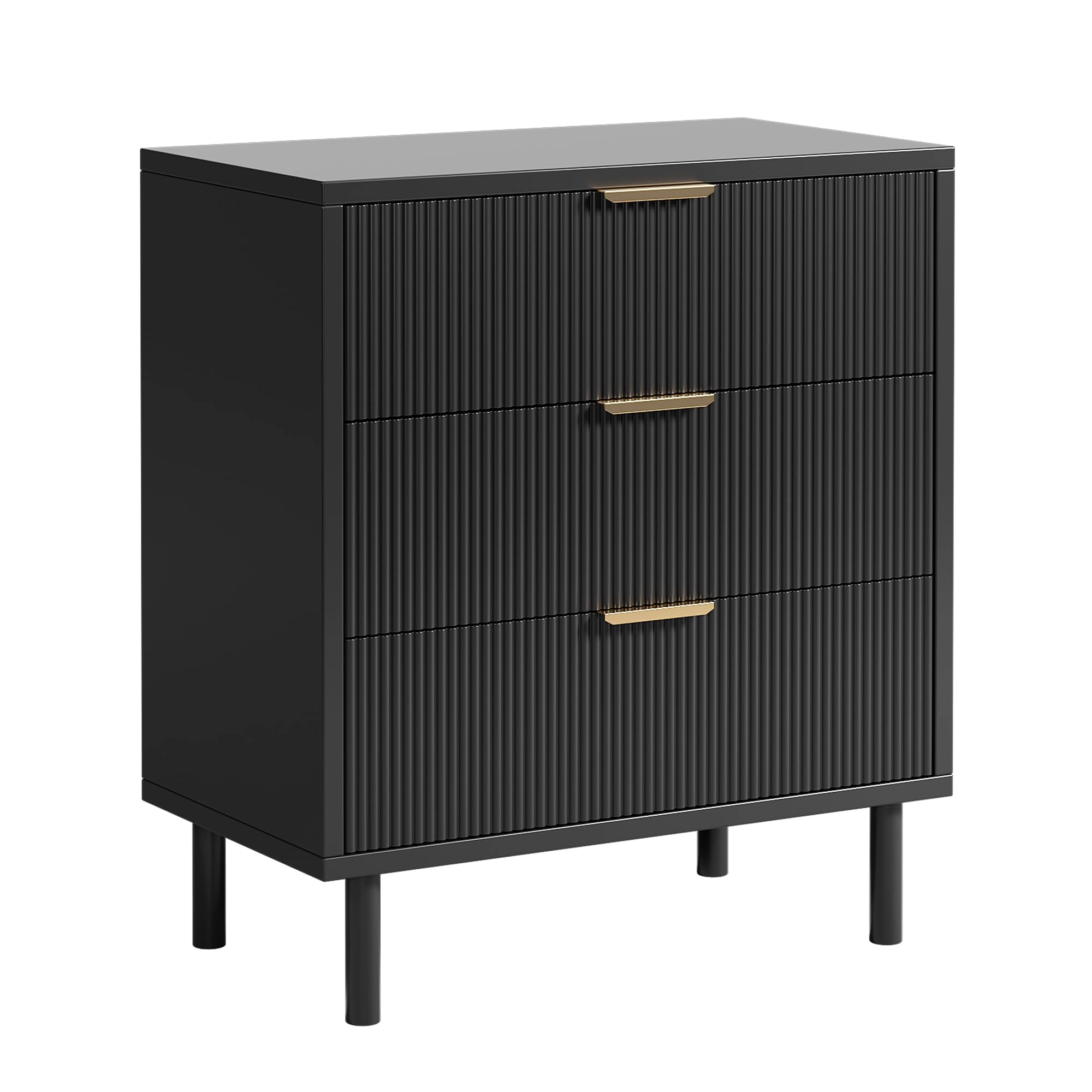Fluted 3 Drawer Modern Dresser with Metal Legs, Wood Storage Chest for Bedroom Living Room