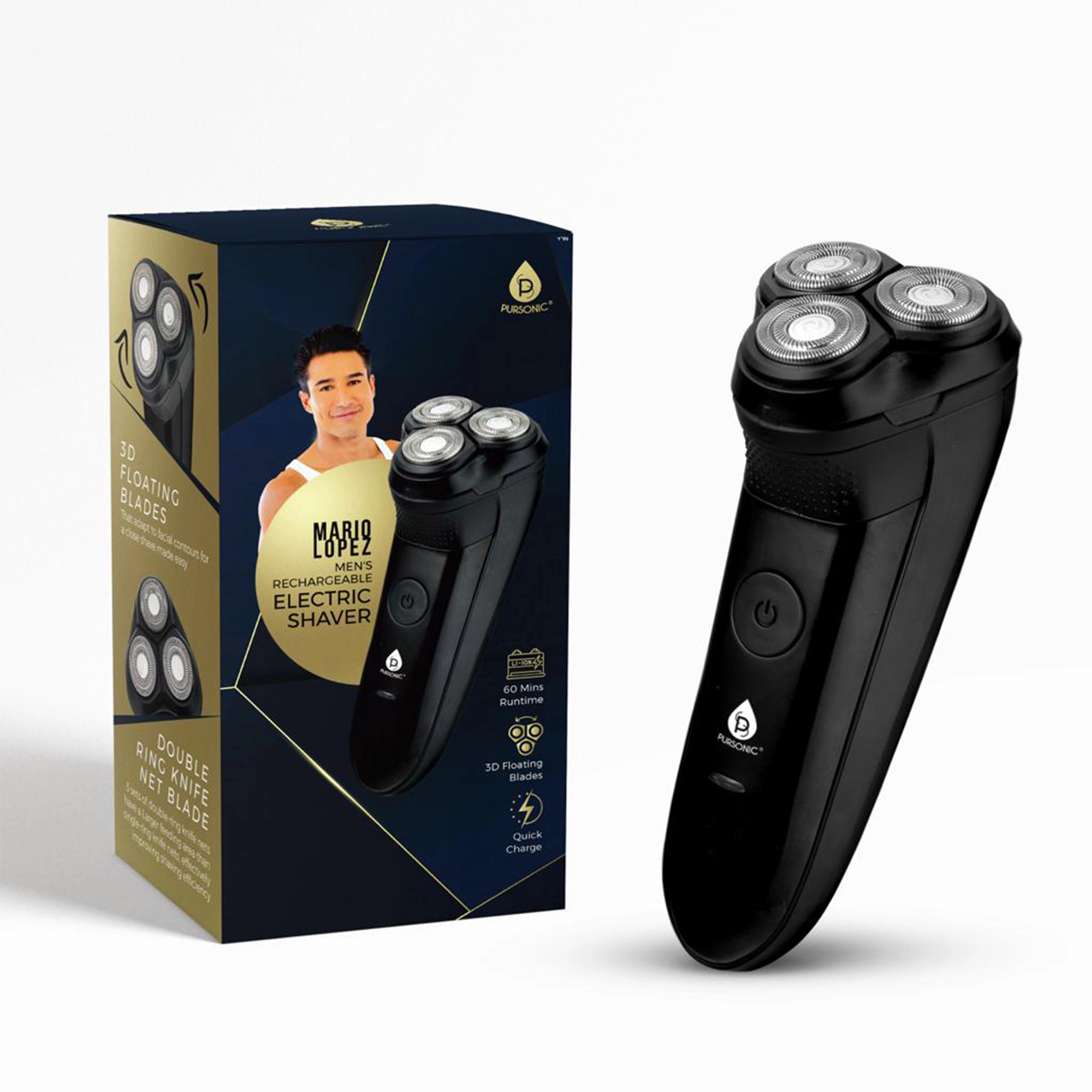 Pursonic Men's Rechargeable Electric Shaver with 3D Floating Blades & Double Ring Knife Net for Precision Grooming