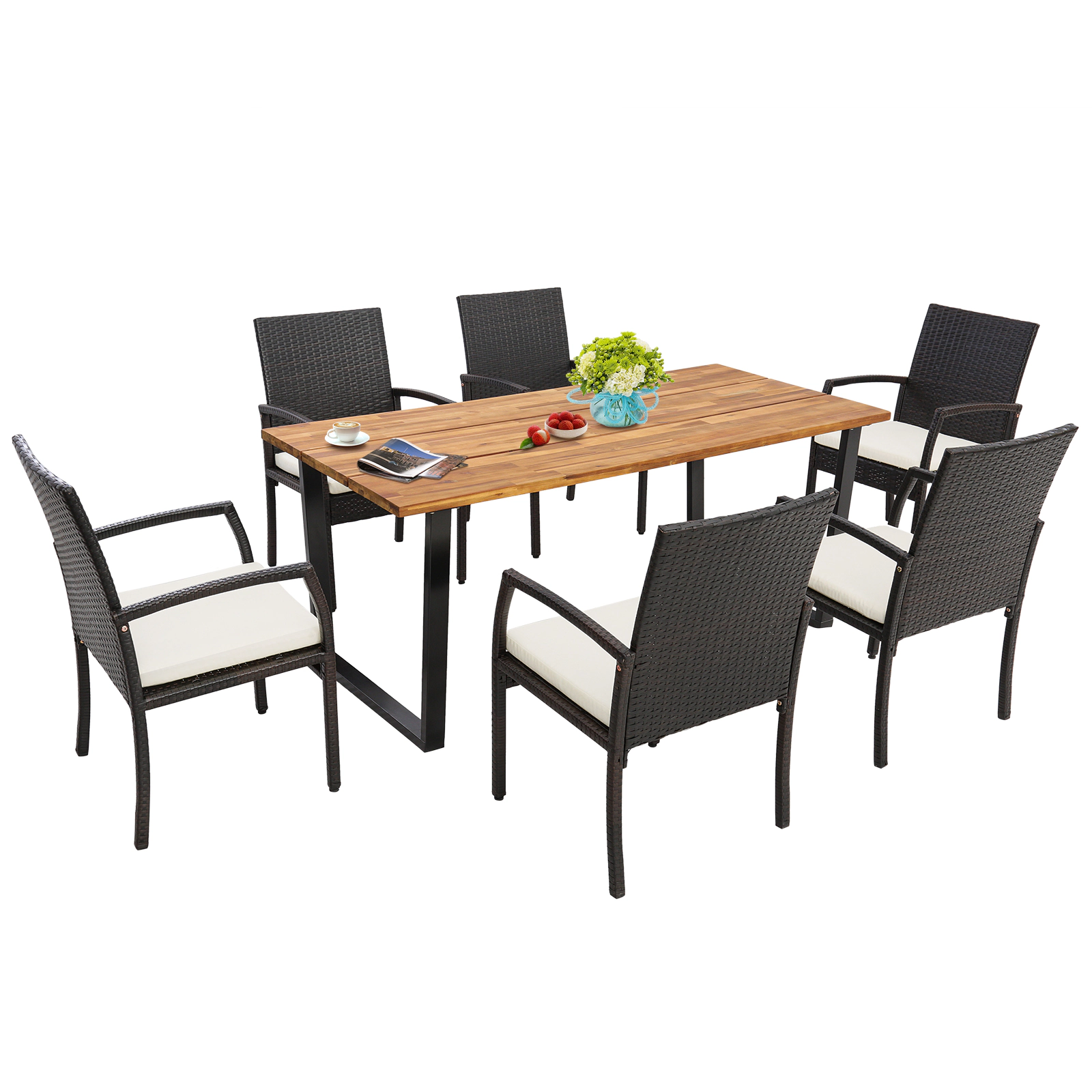 LJG Patio Rattan Dining Set with Umbrella Hole-L-Shaped Handrail