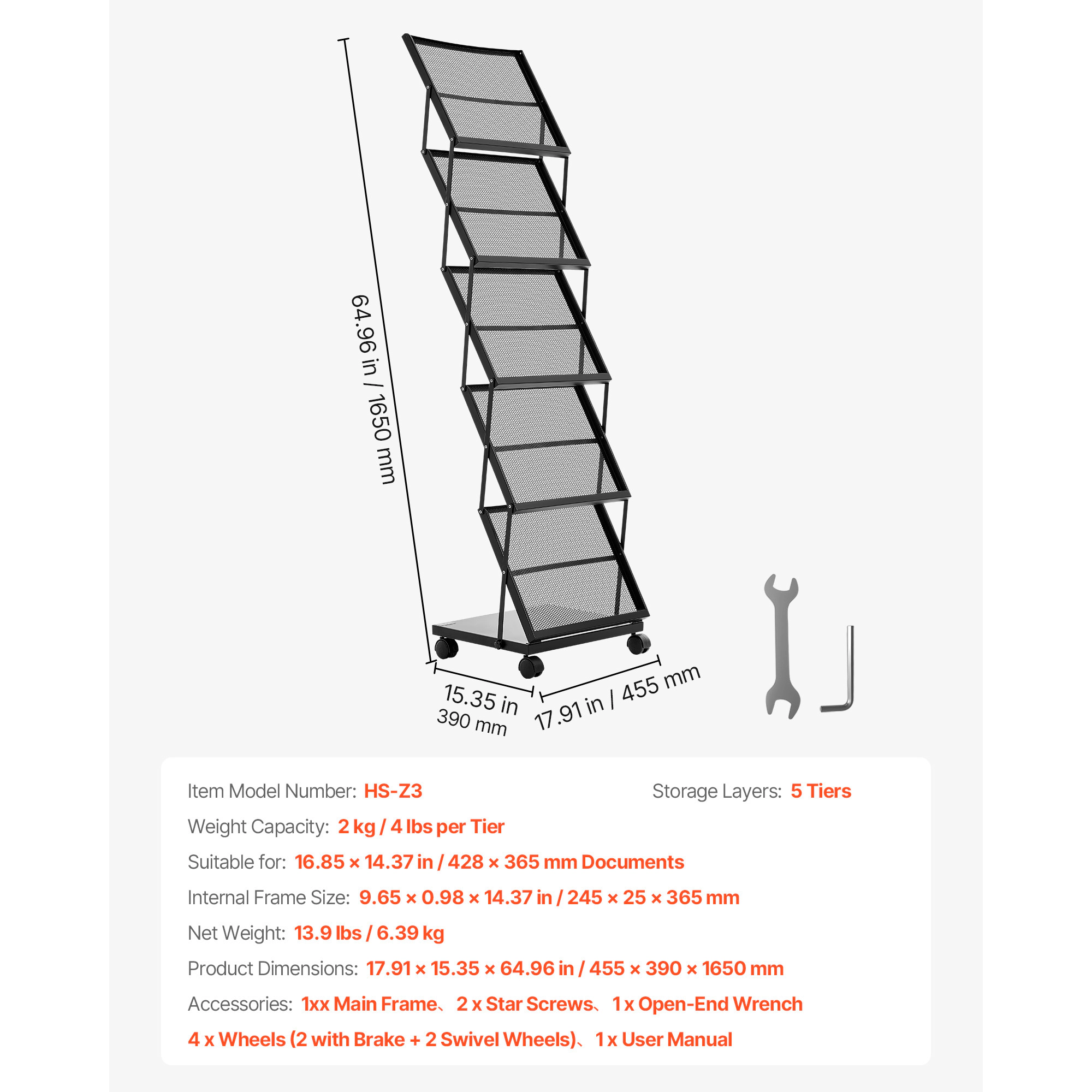 HONGGE Brochure Display Rack, Magazine Literature Stand, Movable Floor Standing Rack with Wheels