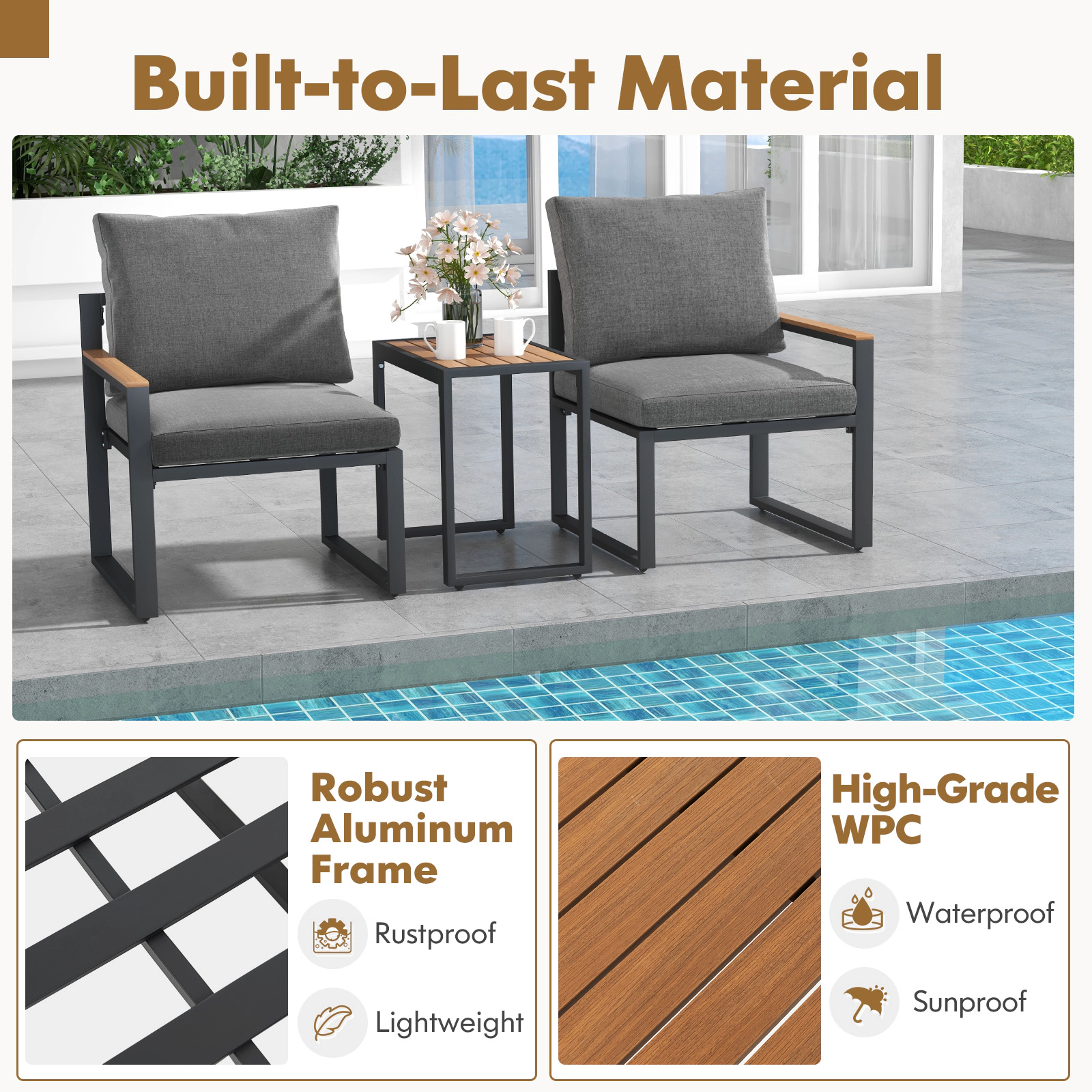 SUGIFT 3-Piece 330-lb Capacity Gray Aluminum Frame Weatherproof Patio Conversation Set with WPC Tabletop