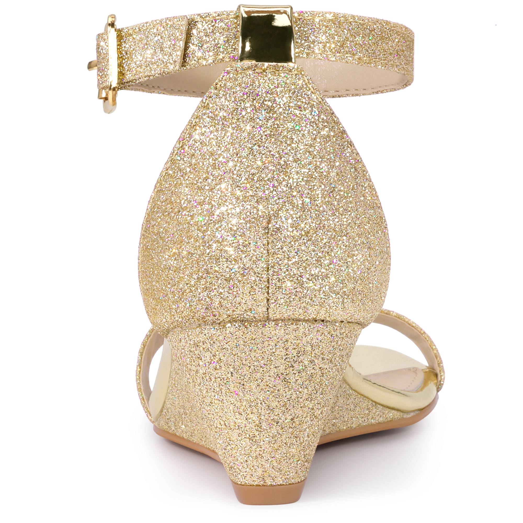 BLISSFUL STEP Women's Glitter Open Toe Wedge Heel Ankle Strap Sandals