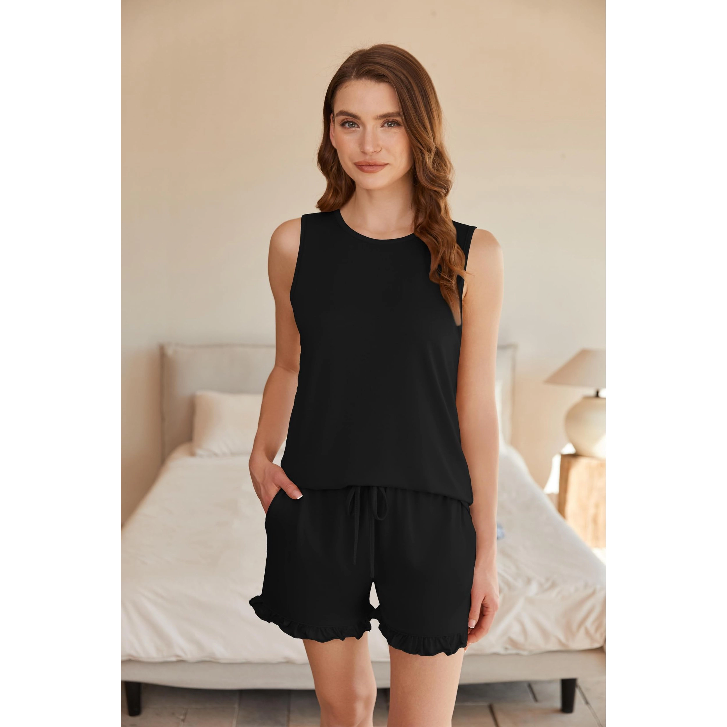 Ekouaer Women's 2 Piece Loungewear Set Soft Tank Top and Shorts with Pockets
