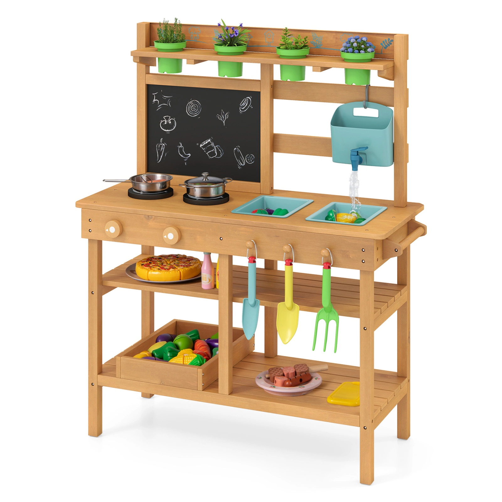 SUGIFT Natural Chalkboard 2 Removable Sinks and Garden Tools Outdoor Kids Wooden Play Kitchen