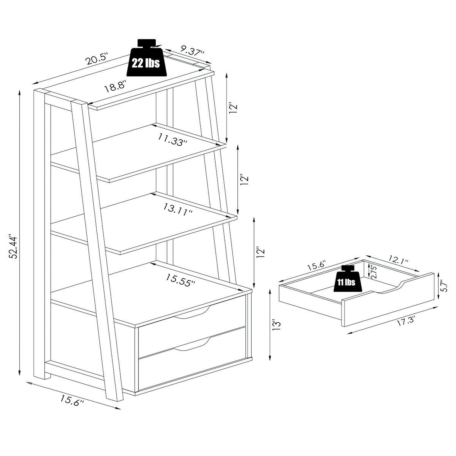 SUGIFT 4-Tier Black 52.4-in Ladder Shelf Bookshelf with 2 Storage Drawers Cut-Out Handles and Toppling Kit