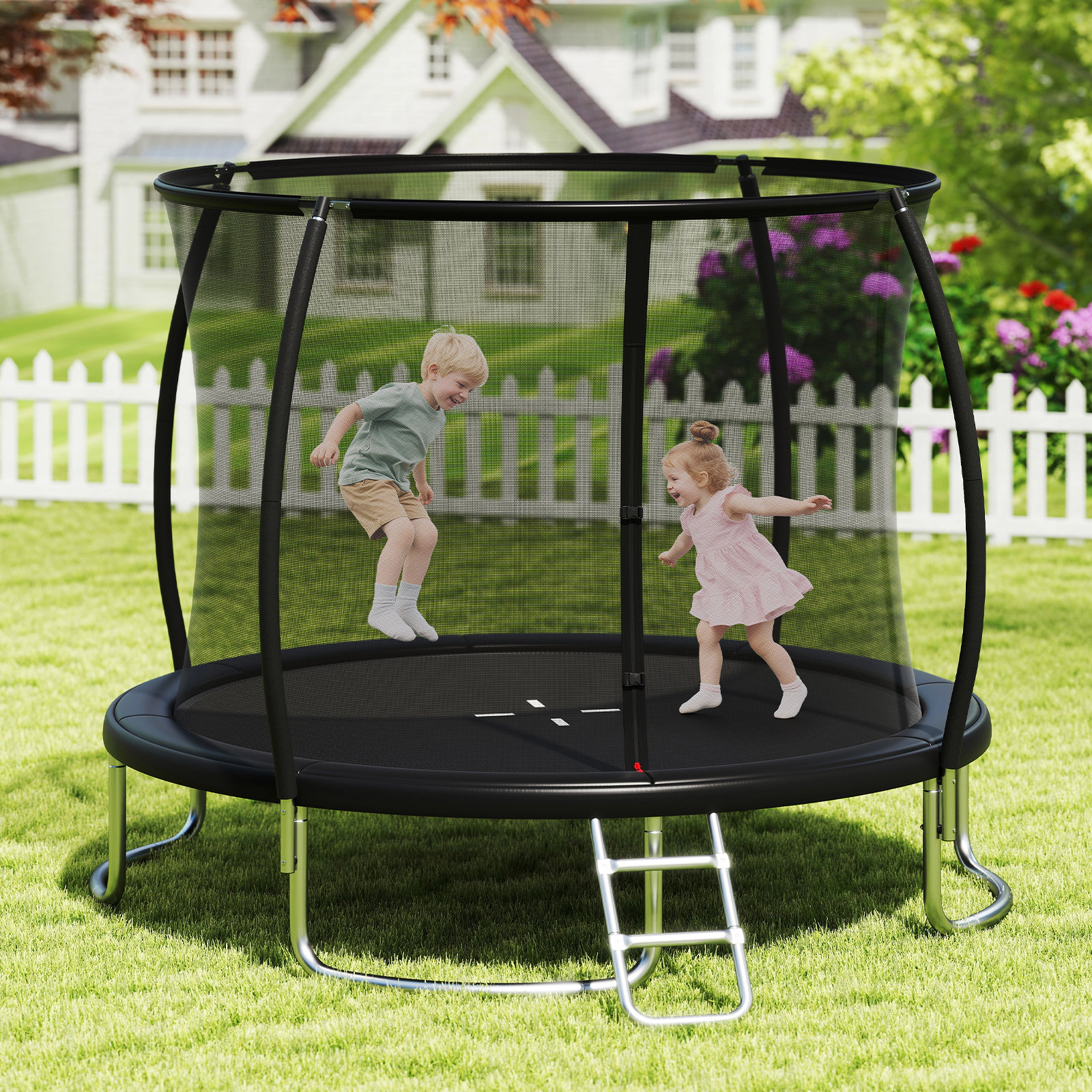 10-ft Outdoor Trampoline Safety Enclosure Net Ladder 880-lb Static Capacity Heavy-Duty Galvanized Trampoline Black