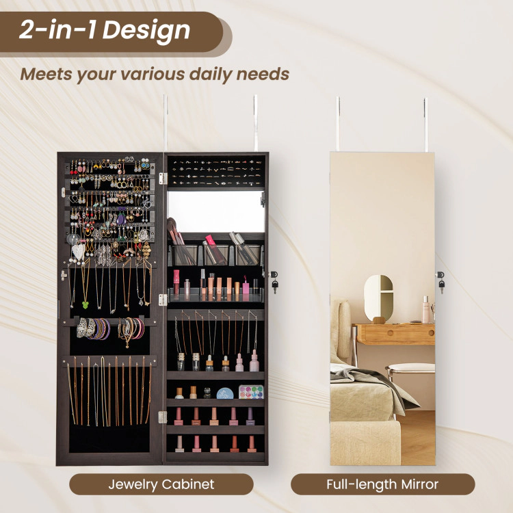 Hivvago 43.5 Inch Jewelry Mirror Cabinet with Full-length and Adjustable Hangers