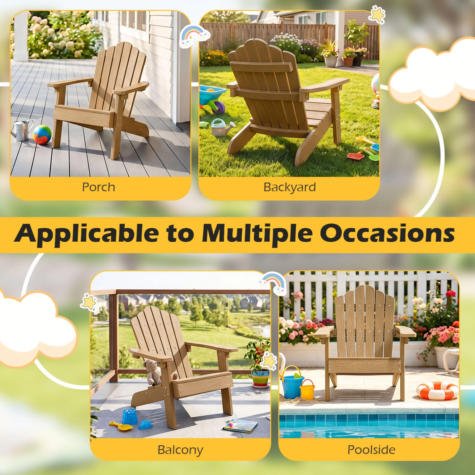 SUGIFT All-Weather HIPS Kids Adirondack Outdoor Chair with Tilted High Backrest 165-lb Capacity Ages 3-7 Brown