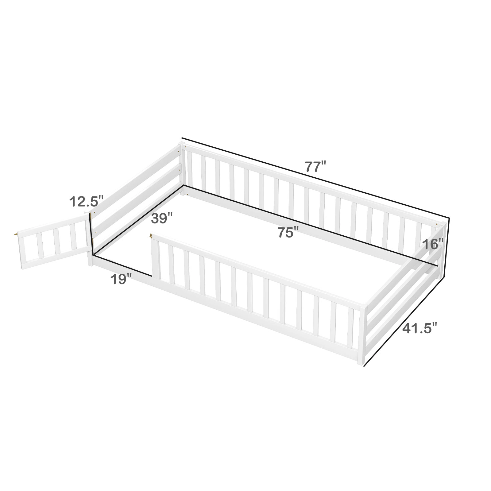 SUGIFT Lockable Door and Full-Length Fence Pine Wood Twin Kids Montessori Floor Bed