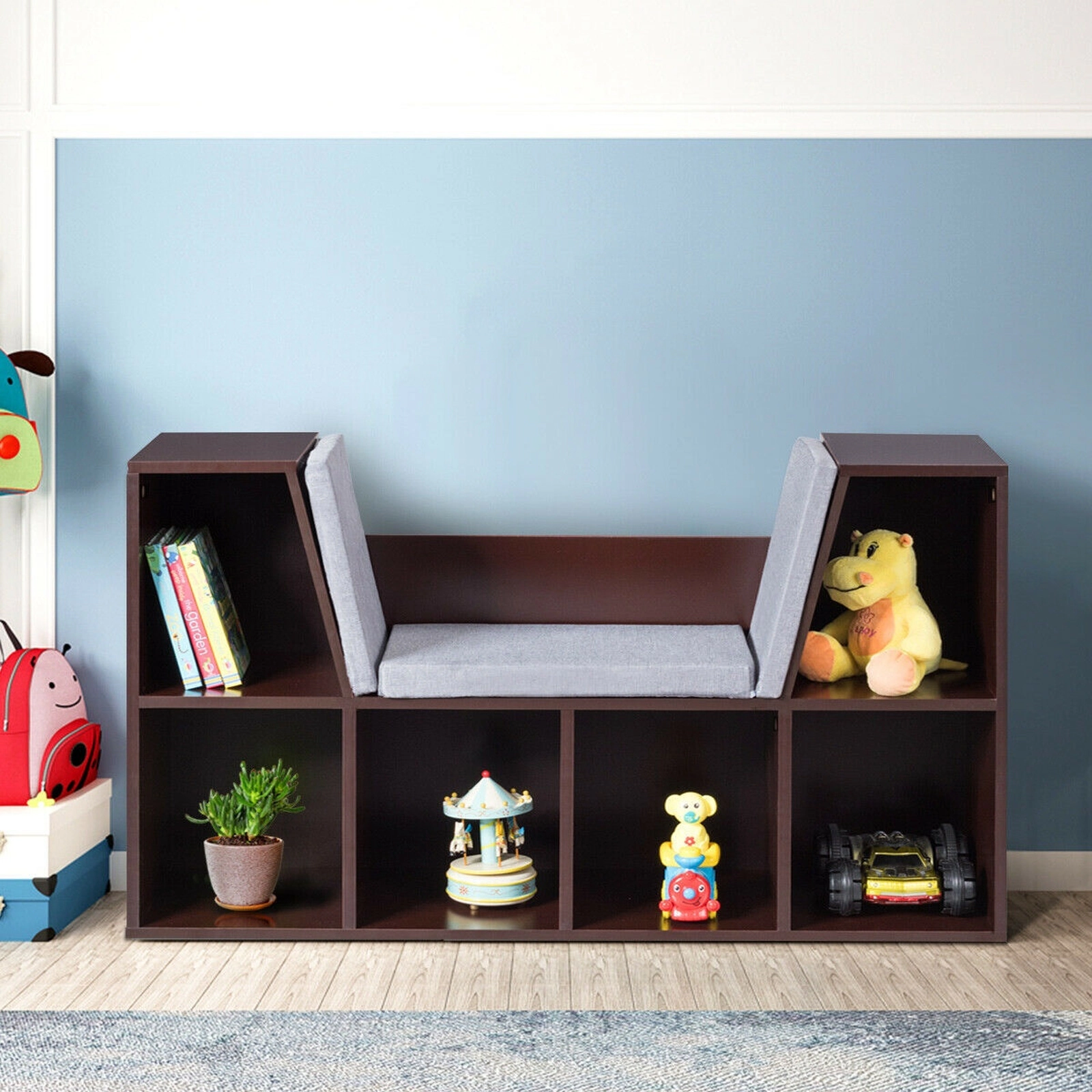 SUGIFT 6-Cubby Kid Storage Bookcase with Cushioned Reading Nook 110-lb Capacity Brown