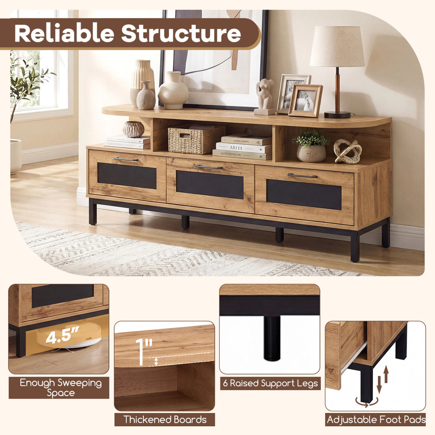 Glintex 63-Inch Entertainment Center with 3 Drawers and 3 Compartments