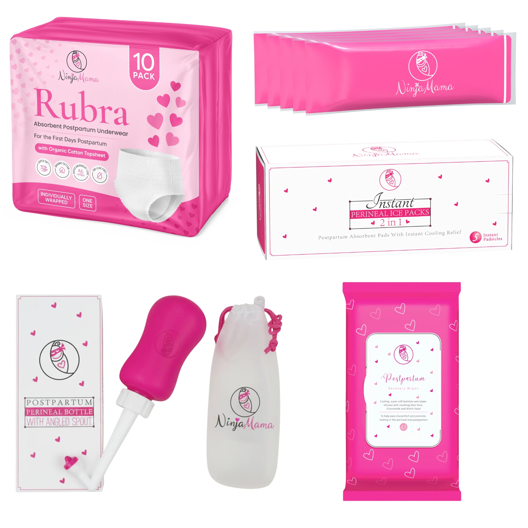 Ninja Mama Women's Stage 1 Postpartum Hospital Bag Essentials Bundle – Underwear, Peri Bottle, Ice Packs & Pad Liners
