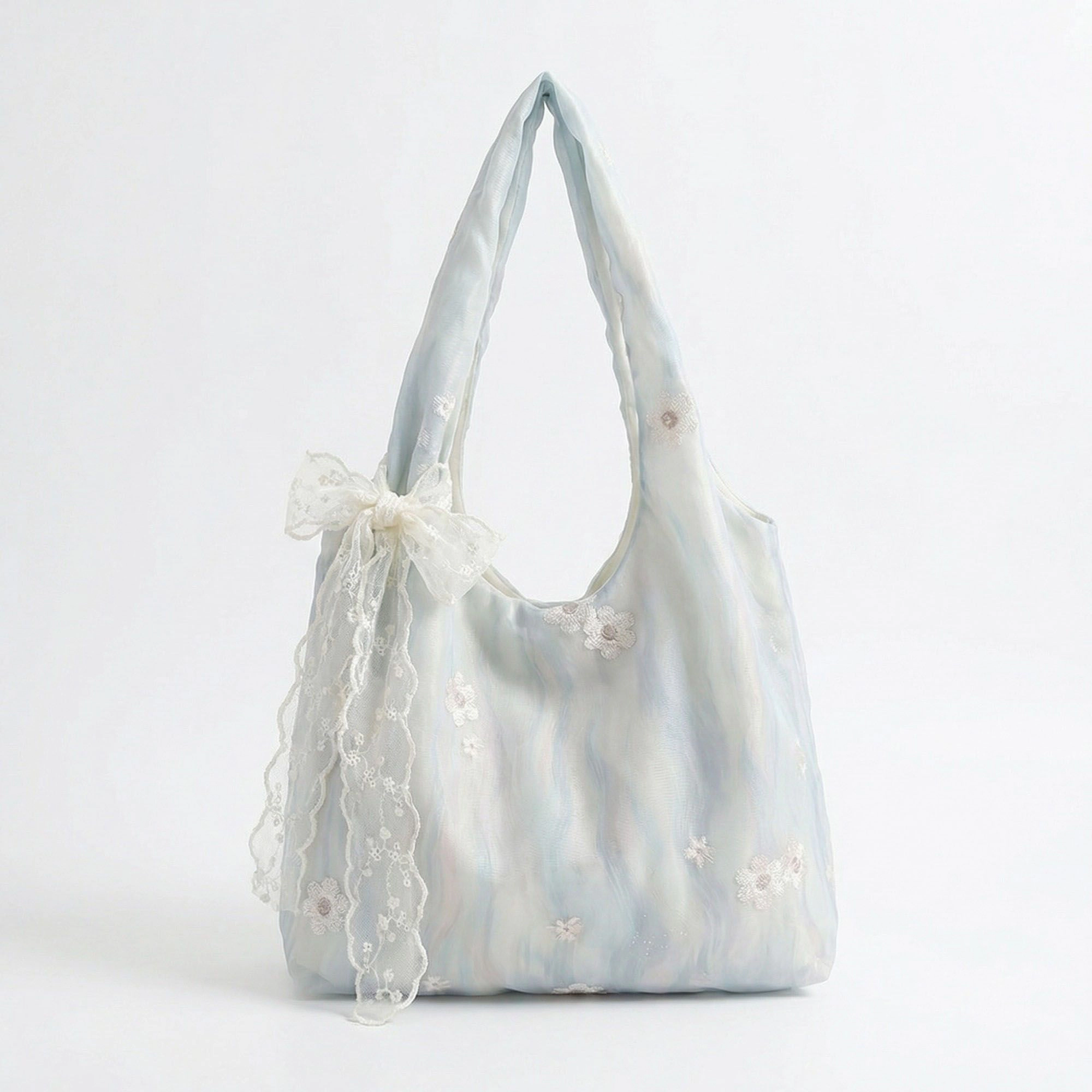 Alilang Women's Soft Shoulder Bag with Floral Embroidery Lace Bow Detail and Slouchy Hobo Silhouette