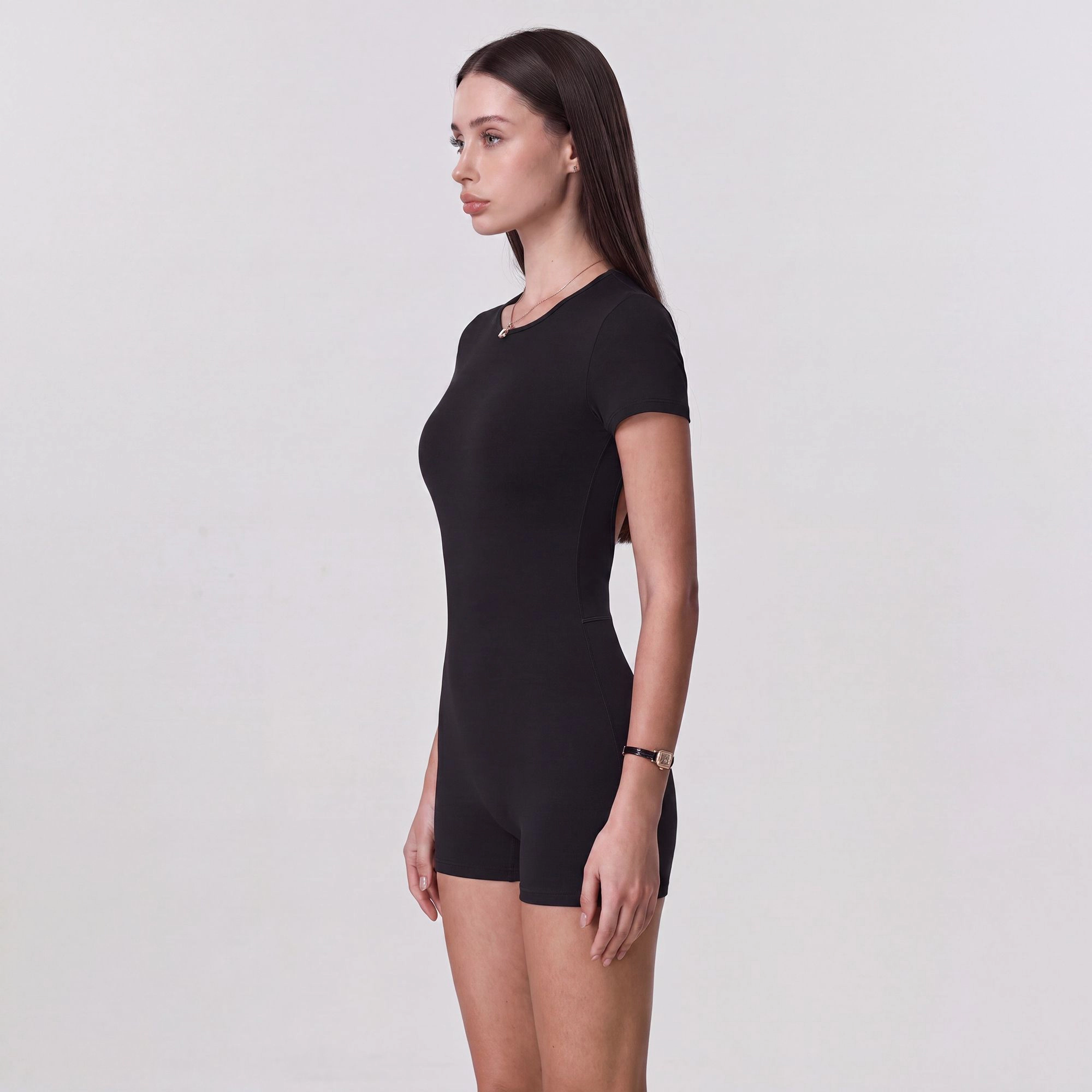 Anna-Kaci Women's Short Sleeve One-Piece Active Romper with Crew Neck Built-In Padding Fitted Shorts and Stretch Fabric