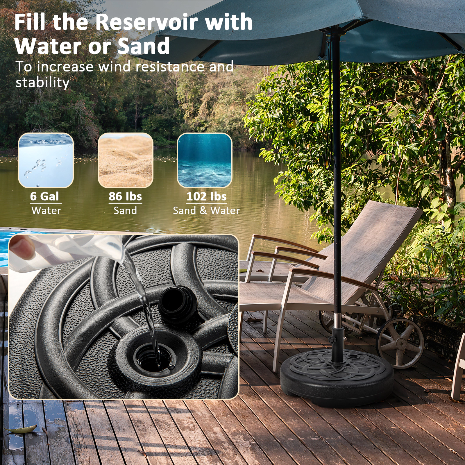 Slickblue Outdoor Umbrella Base Stand with HDPE Reservoir for 10 Ft Umbrellas
