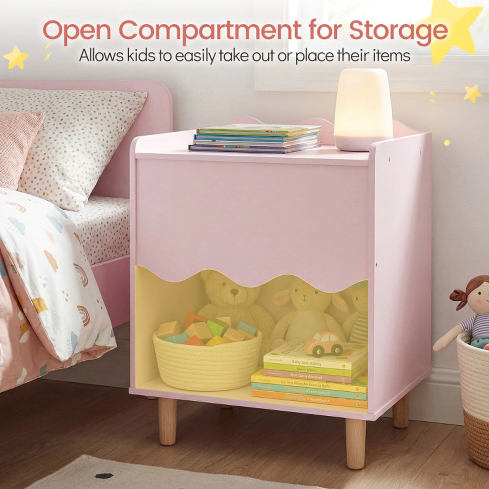 SUGIFT Kids Scalloped Top Open Compartment Wood Legs Side Table 19.5-in x 16-in x 24.5-in 90-lb Capacity Ages 3-6 Pink