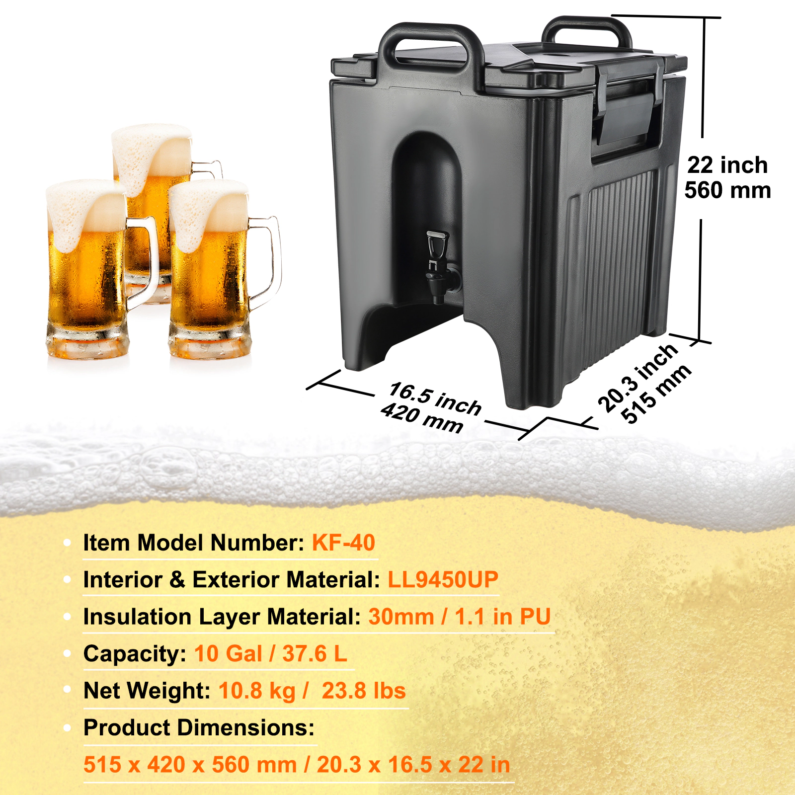 HONGGE Insulated Beverage Dispenser Food-grade Hot and Cold Beverage Server Thermal Drink Dispenser with Handle for