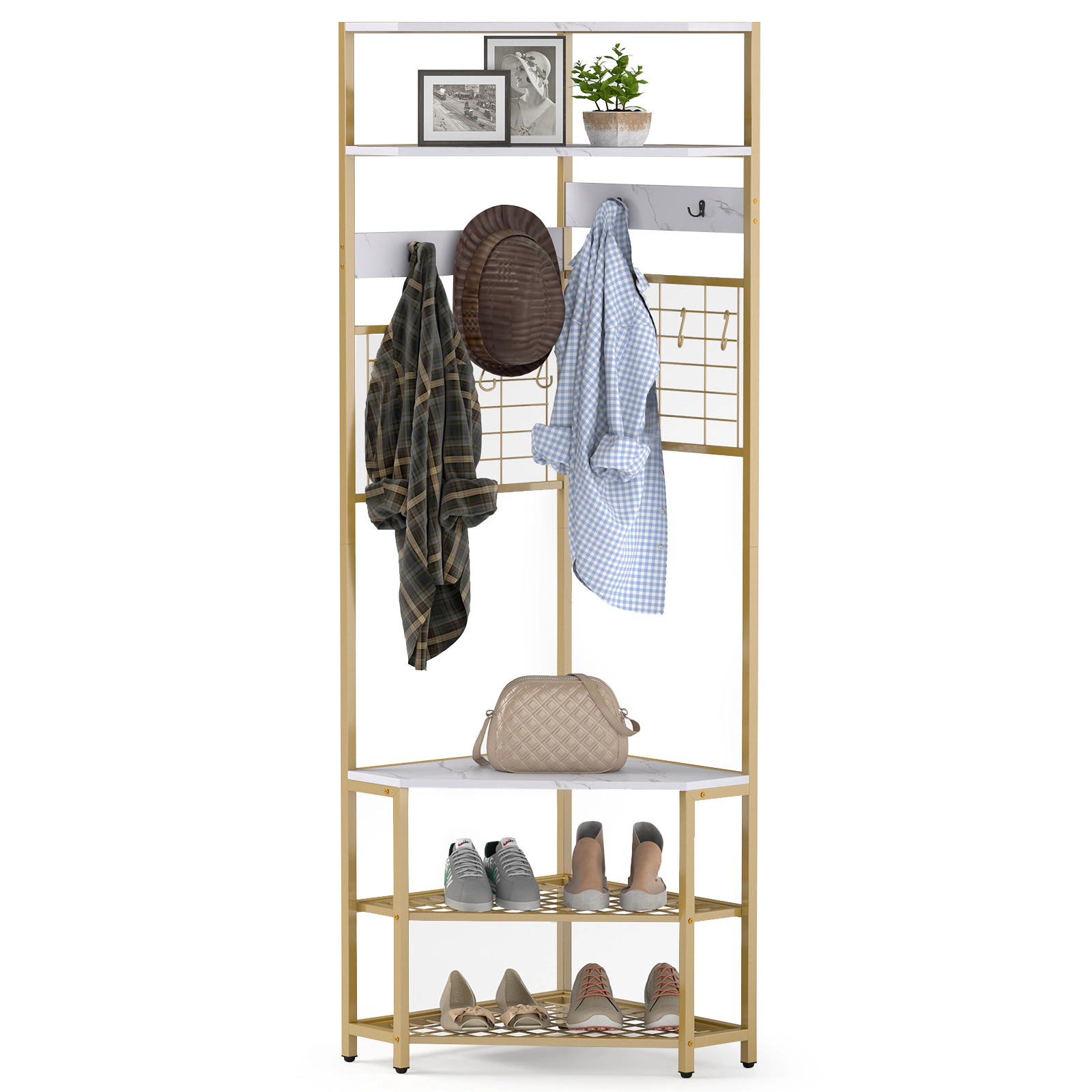 SUGIFT 5-Tier Corner Hall Tree White with Shoe Storage Bench and 8 Removable Hooks