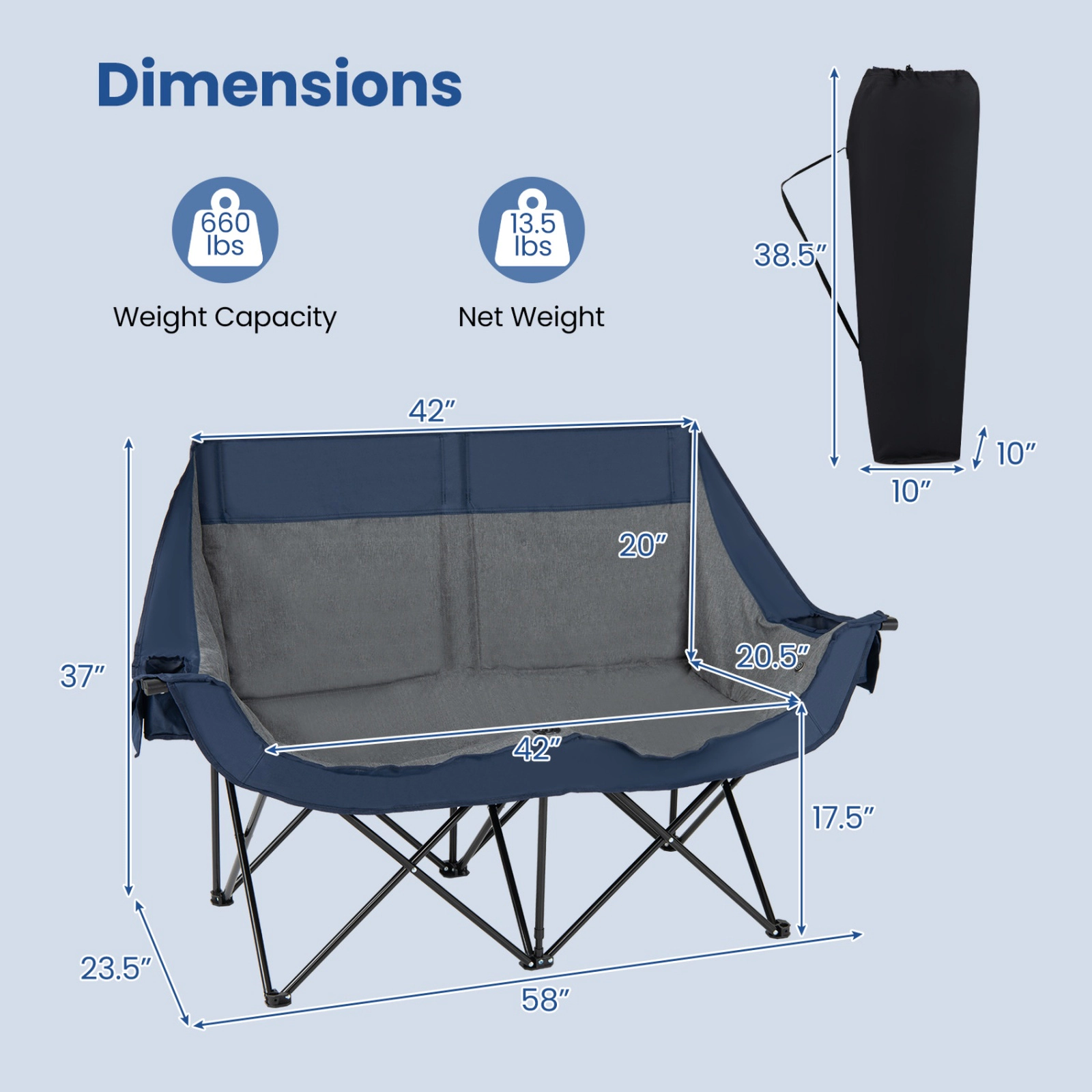 SUGIFT 660-lb Capacity Heated Double Camping Chair Loveseat with 4 Heating Zones 3 Heat Levels and Wine Holders