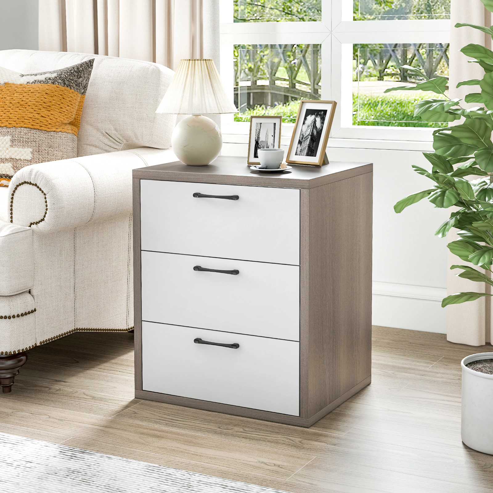 Glintex 3-Drawer Dresser Nightstand with 110-Lb Tabletop and Metal Slide Rails, Gray