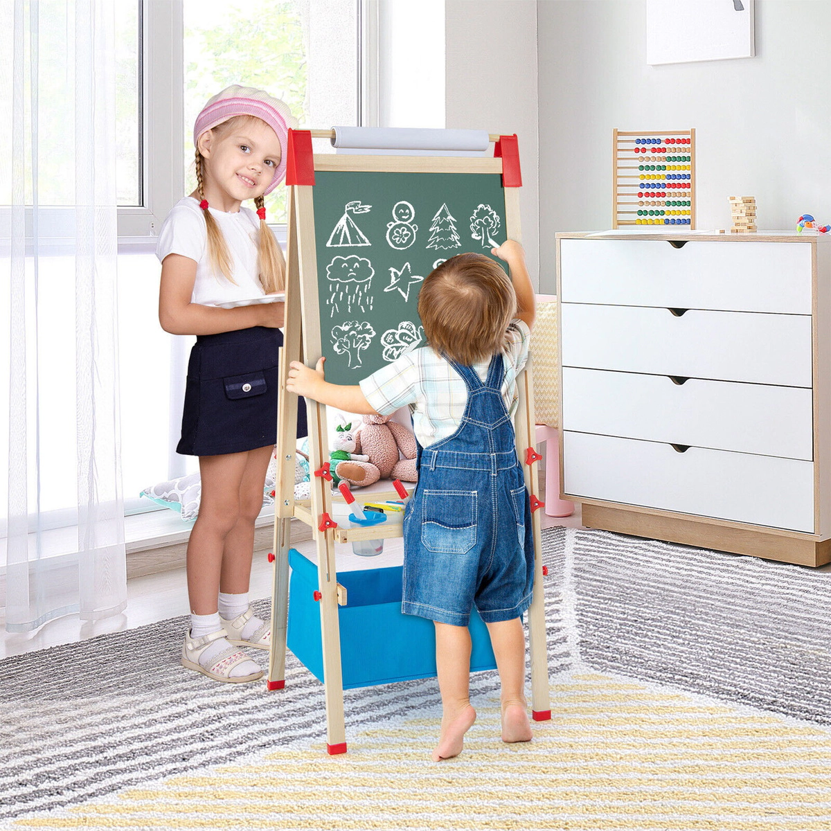 SUGIFT 3-in-1 Double-Sided Adjustable Kid Easel Magnetic Chalkboard & Whiteboard 40-49.5-in Tall Ages 3-8 Natural + Blue