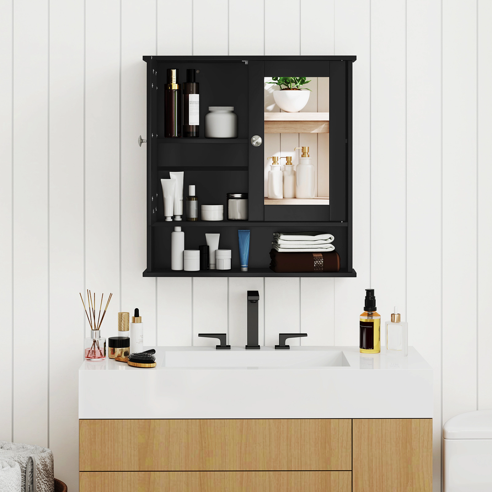 SUGIFT Black 44-lb Capacity Double Door Wall Mounted Bathroom Mirror Cabinet with Open Storage Shelf
