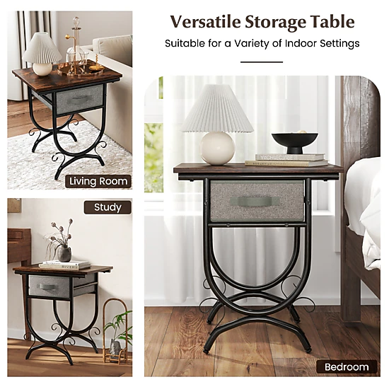 Hivvago Metal Frame Side Table with Carved Design and Fabric Storage