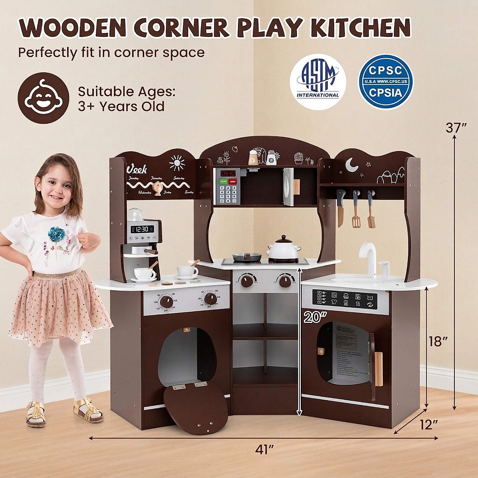 Corner Wooden Play Kitchen Toy Coffee Machine Slide Light Up Microwave Washing Machine 41-in x 12-in x 37-in Brown