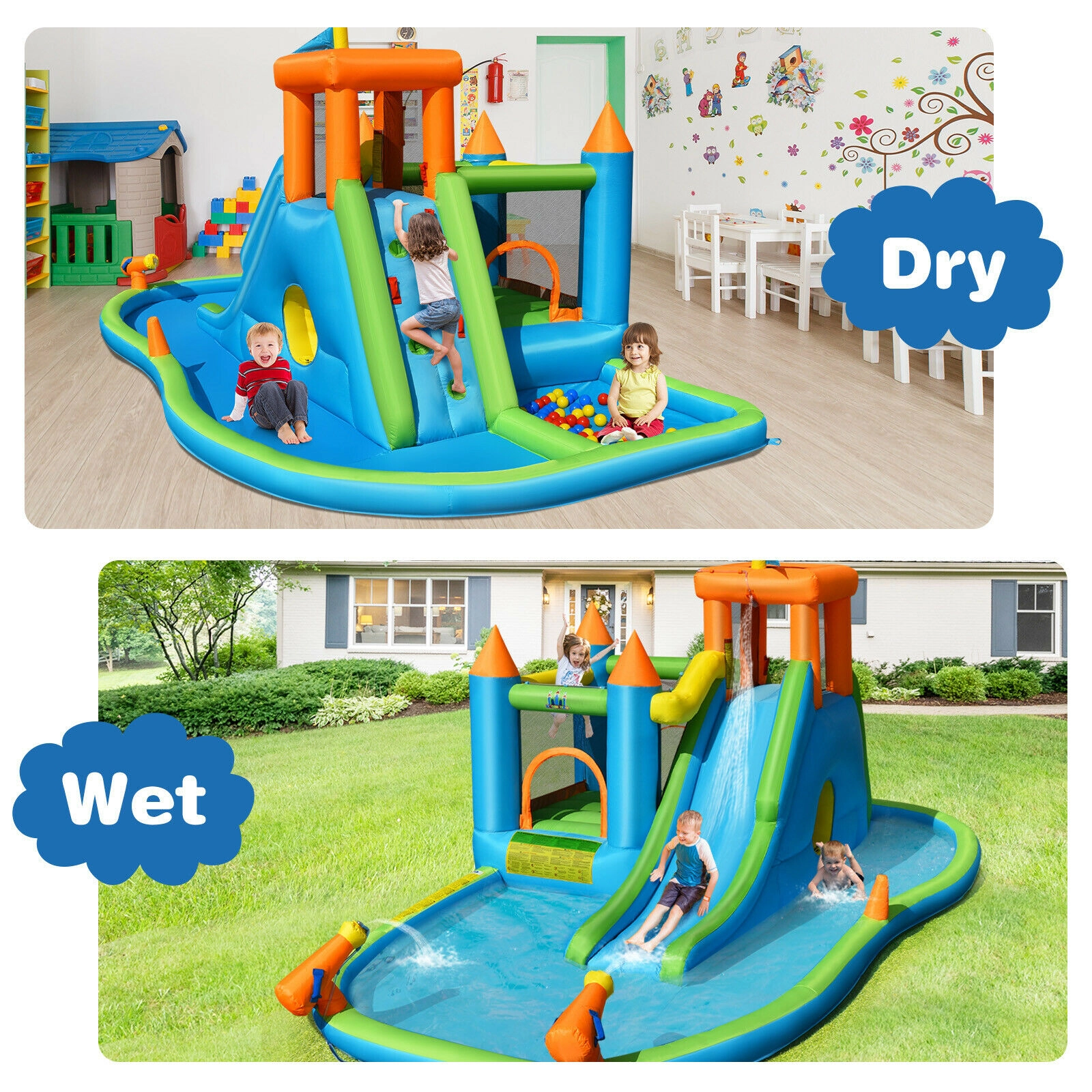 LJG Inflatable Water Slide Kids Bounce House Splash Water Pool with 735W Blower
