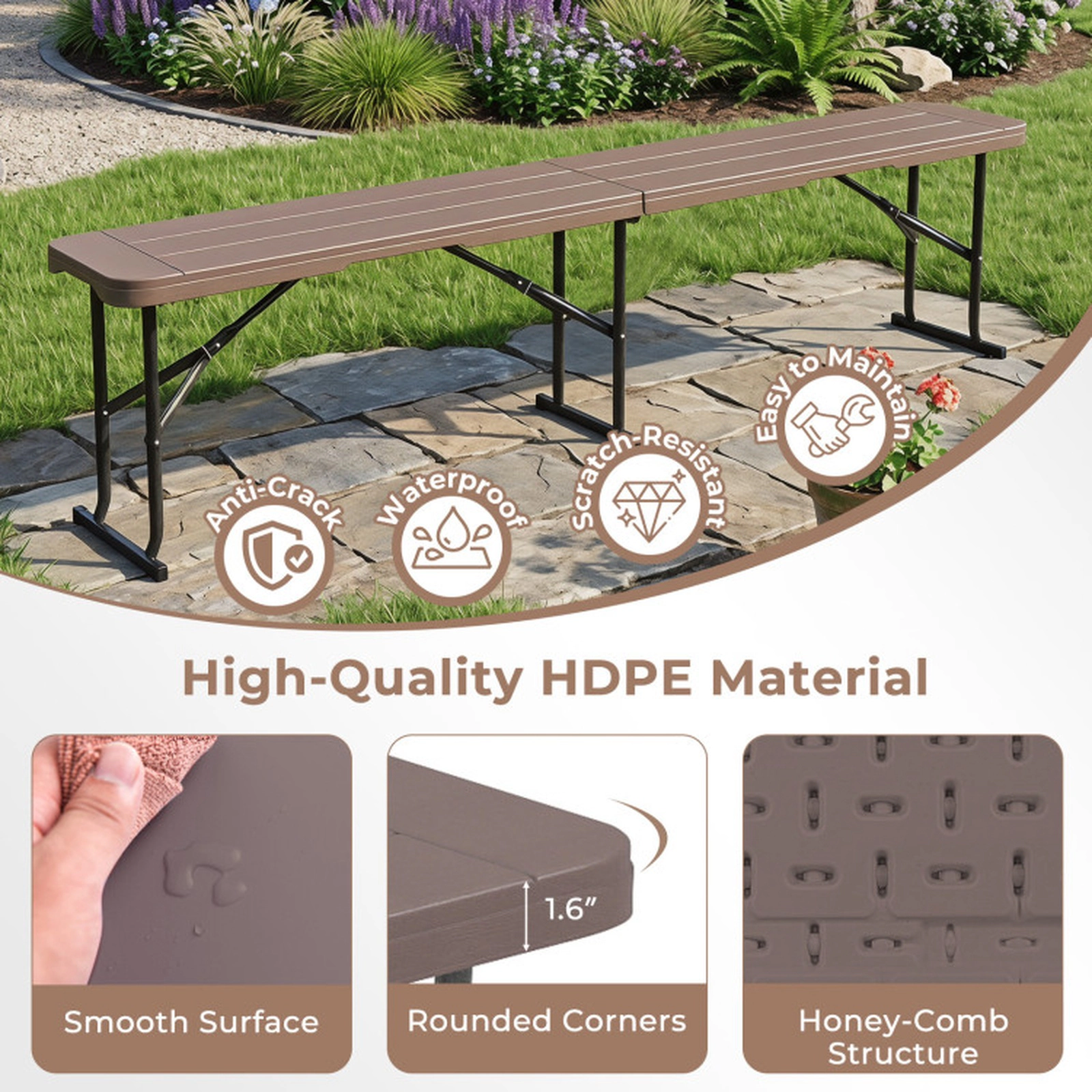 SUGIFT Plastic Folding Bench Picnic Camping Dining Seat 660-lb Capacity Coffee with Carrying Handle