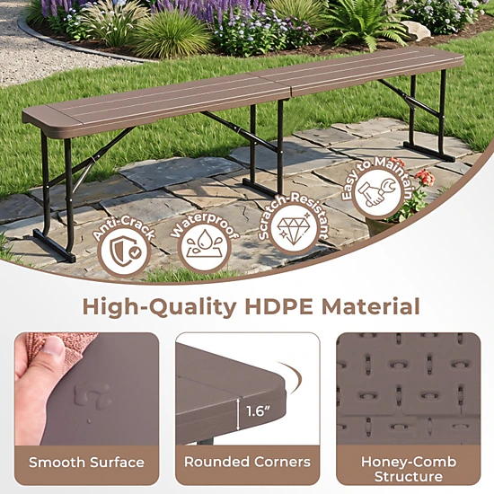 SUGIFT Plastic Folding Bench Picnic Camping Dining Seat 660-lb Capacity Coffee with Carrying Handle